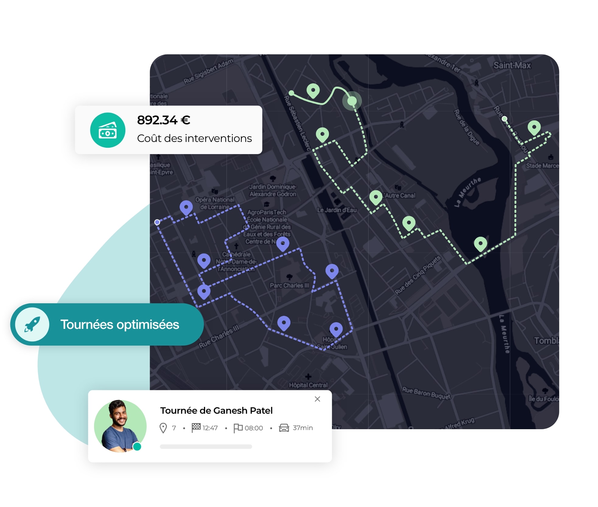 Vue de la construction des itinéraires d'interventions optimisés sur AntsRoute.