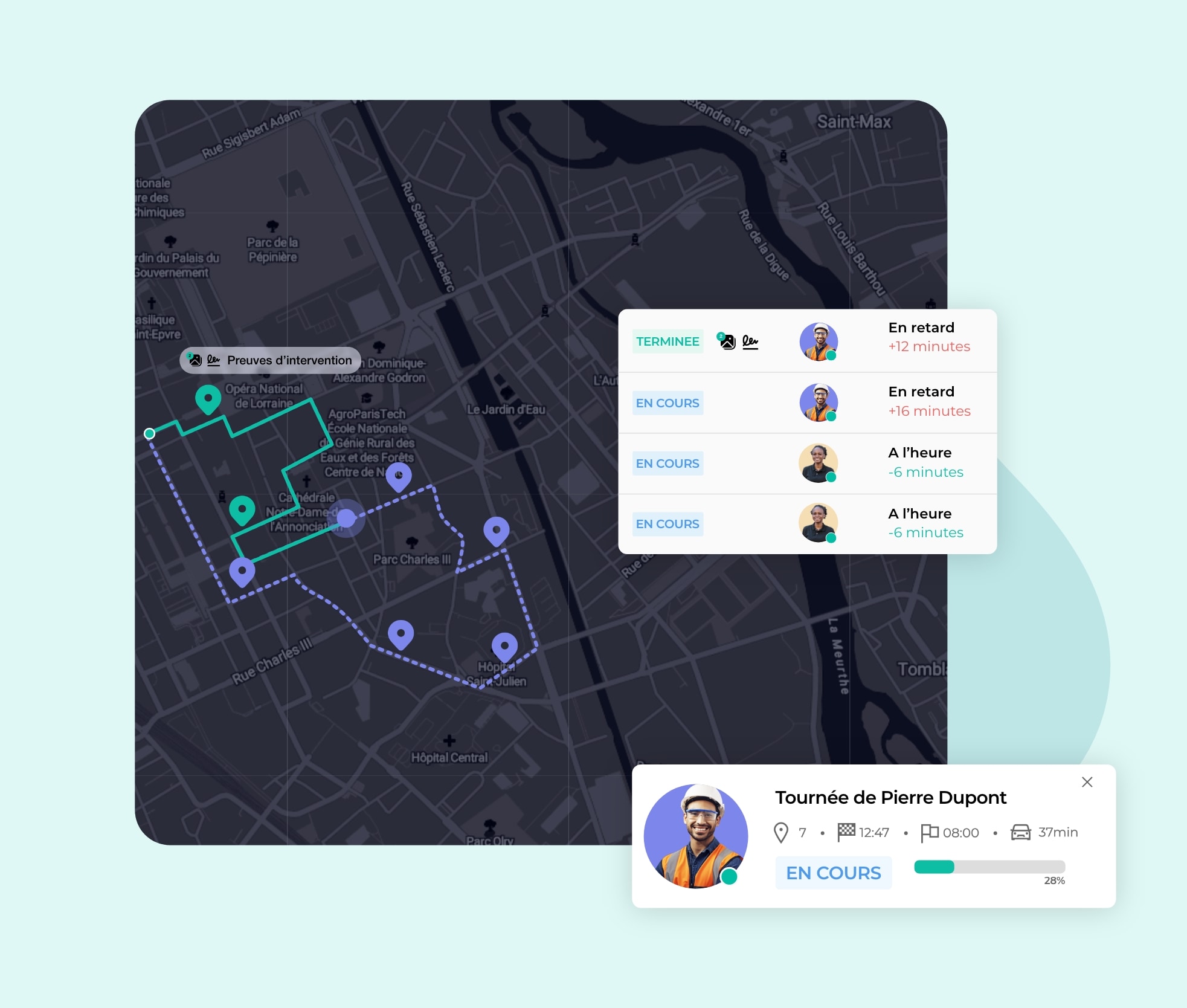 Vue de l’activité d’un utilisateur d’AntsRoute avec le suivi des techniciens en direct.