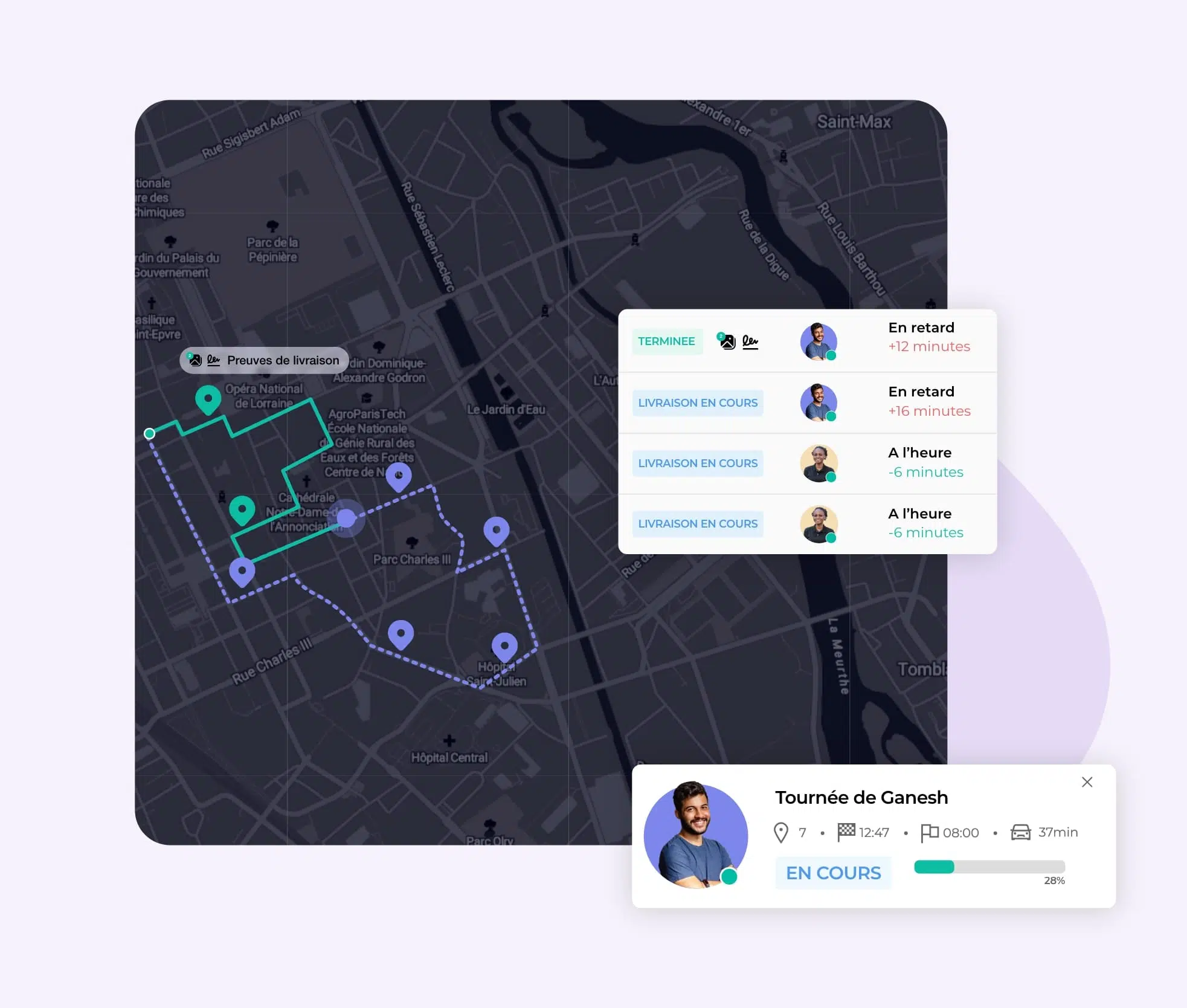 Vue de l’activité d’un utilisateur d’AntsRoute avec le suivi des livreurs en direct.