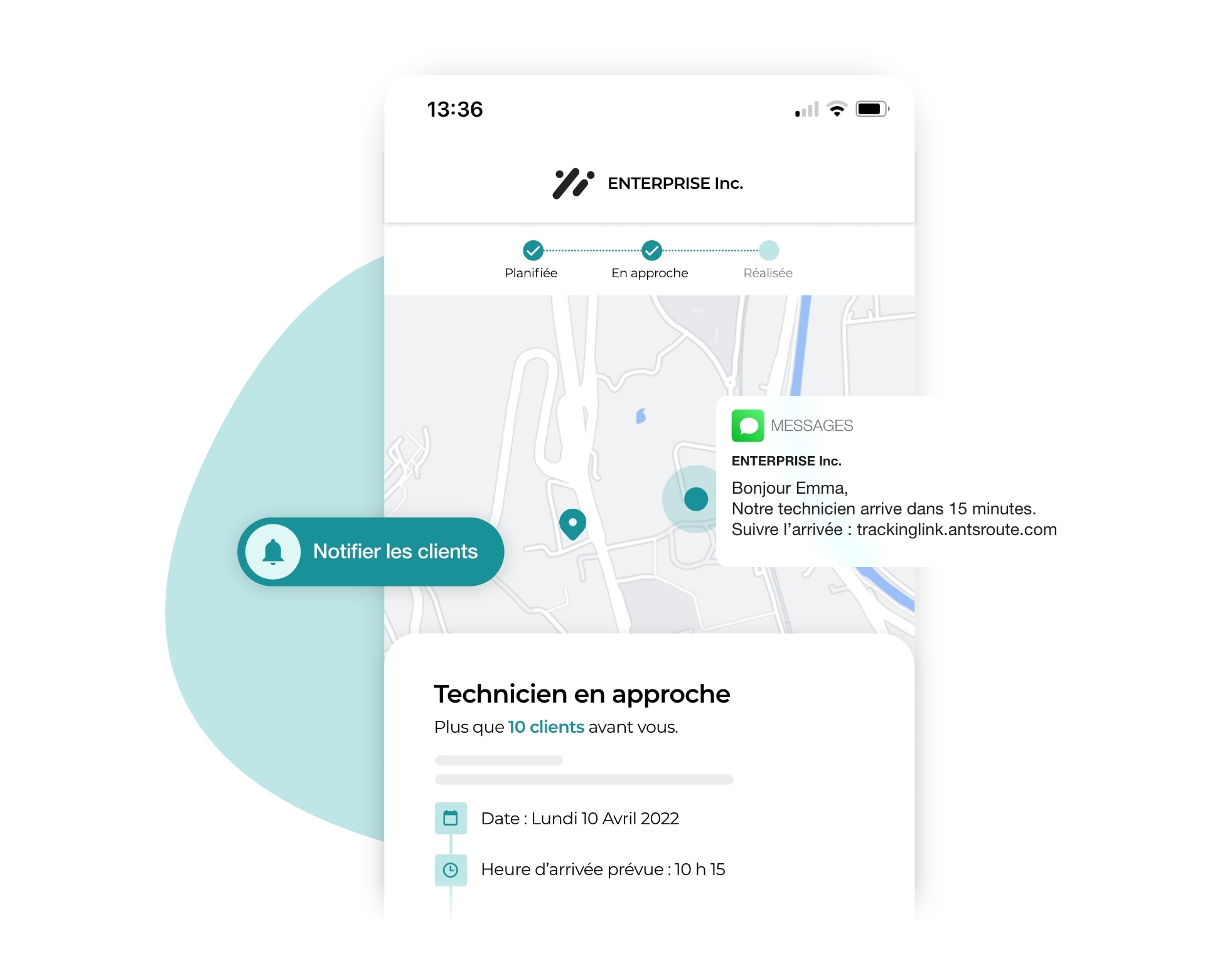 L'envoi via AntsRoute d'une notification permettant au client de suivre l'arrivée du technicien.