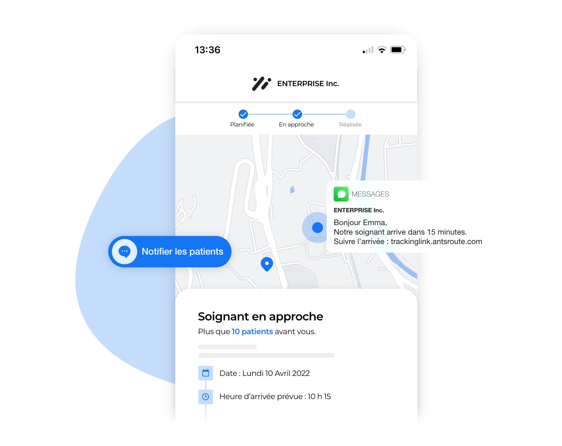  L'envoi via AntsRoute d'une notification permettant au patient de suivre l'arrivée du professionnel de santé.