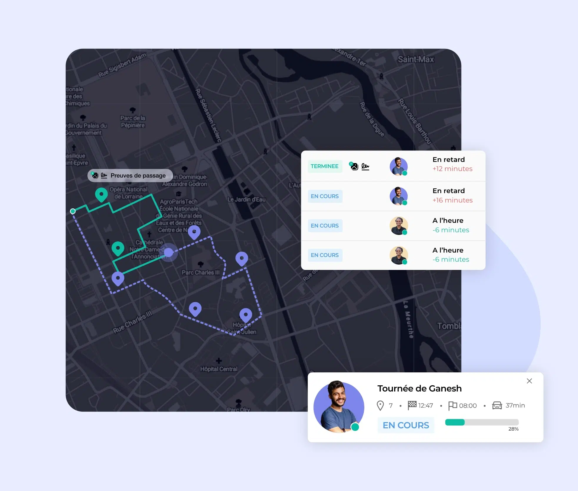 Vue de l’activité d’un utilisateur d’AntsRoute avec le suivi des agents d’intervention en direct.