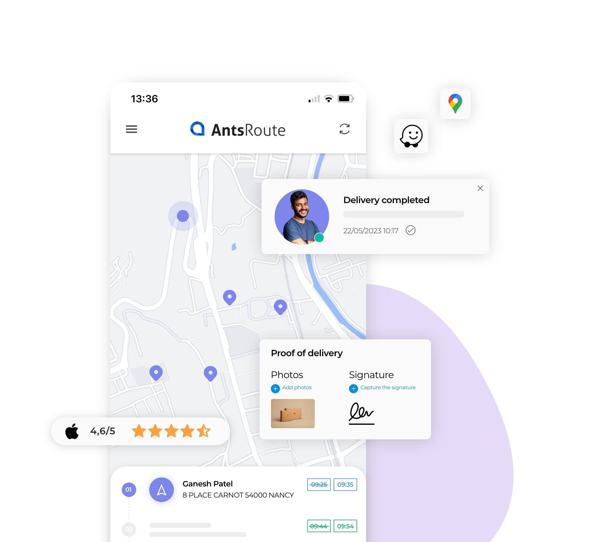 Dashboard of a delivery driver on AntsRoute with proof-of-delivery transmission.