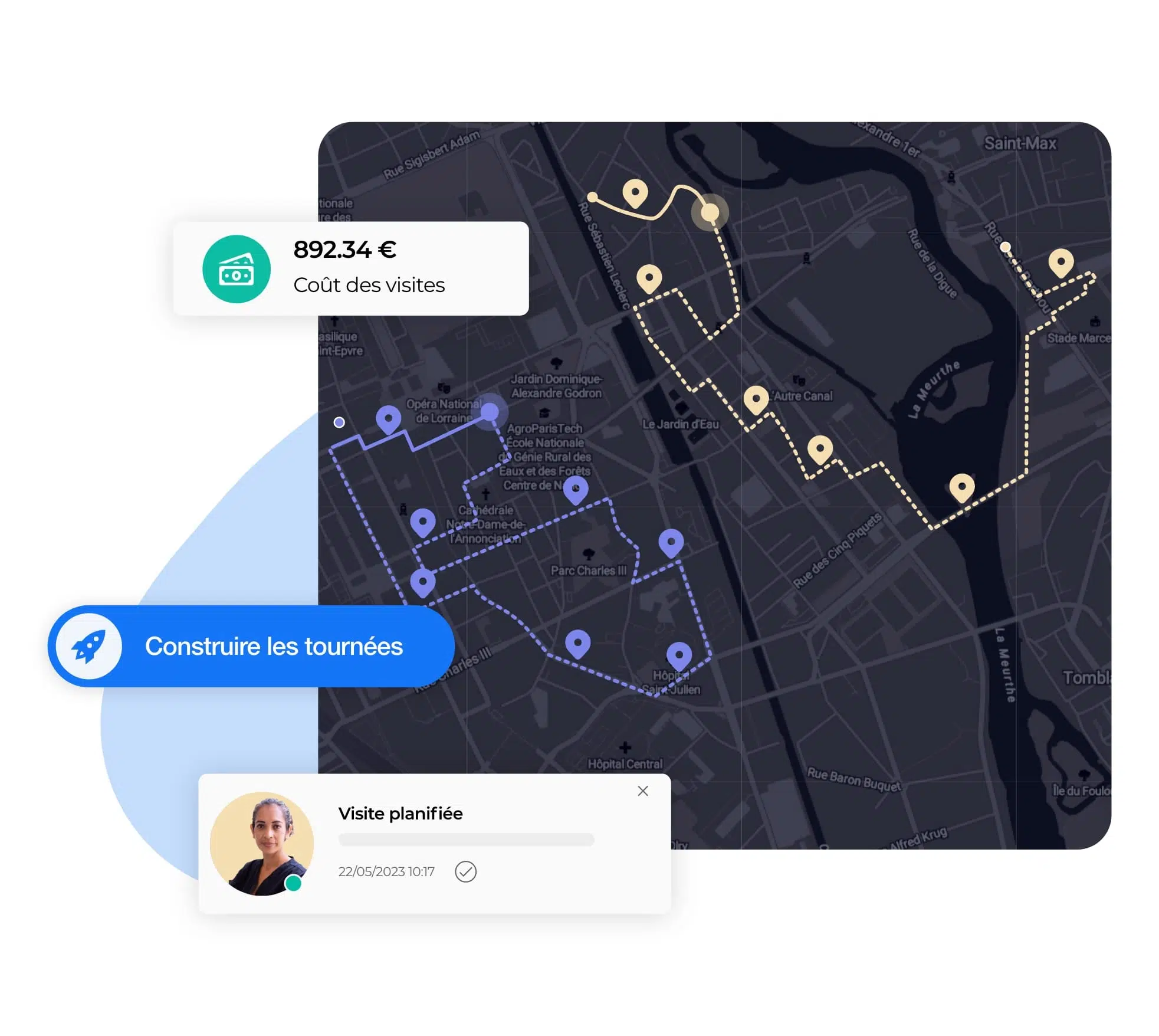 Vue de l’activité d’un planificateur de visites à domicile sur AntsRoute avec la création d’itinéraires optimisés.