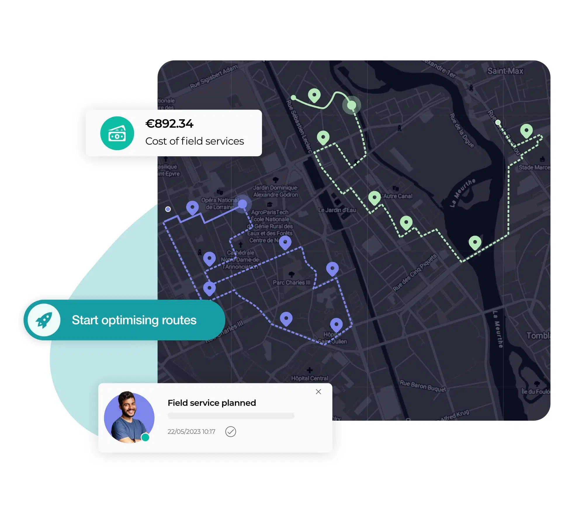 Dashboard of a route planning officer on AntsRoute with the creation of optimized field service routes.