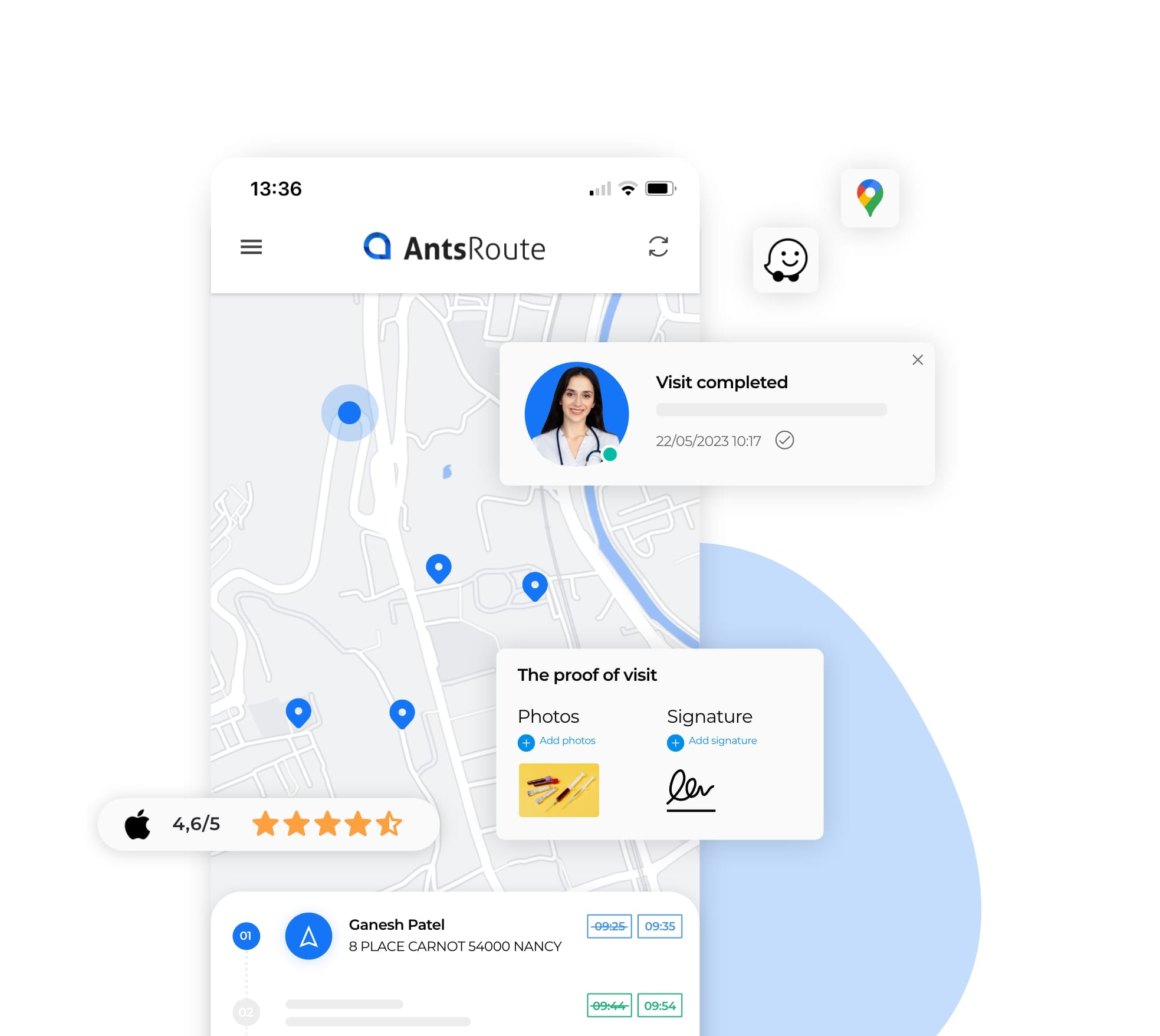 Dashboard of Health Care Professionals on AntsRoute with proof of visit transmission.