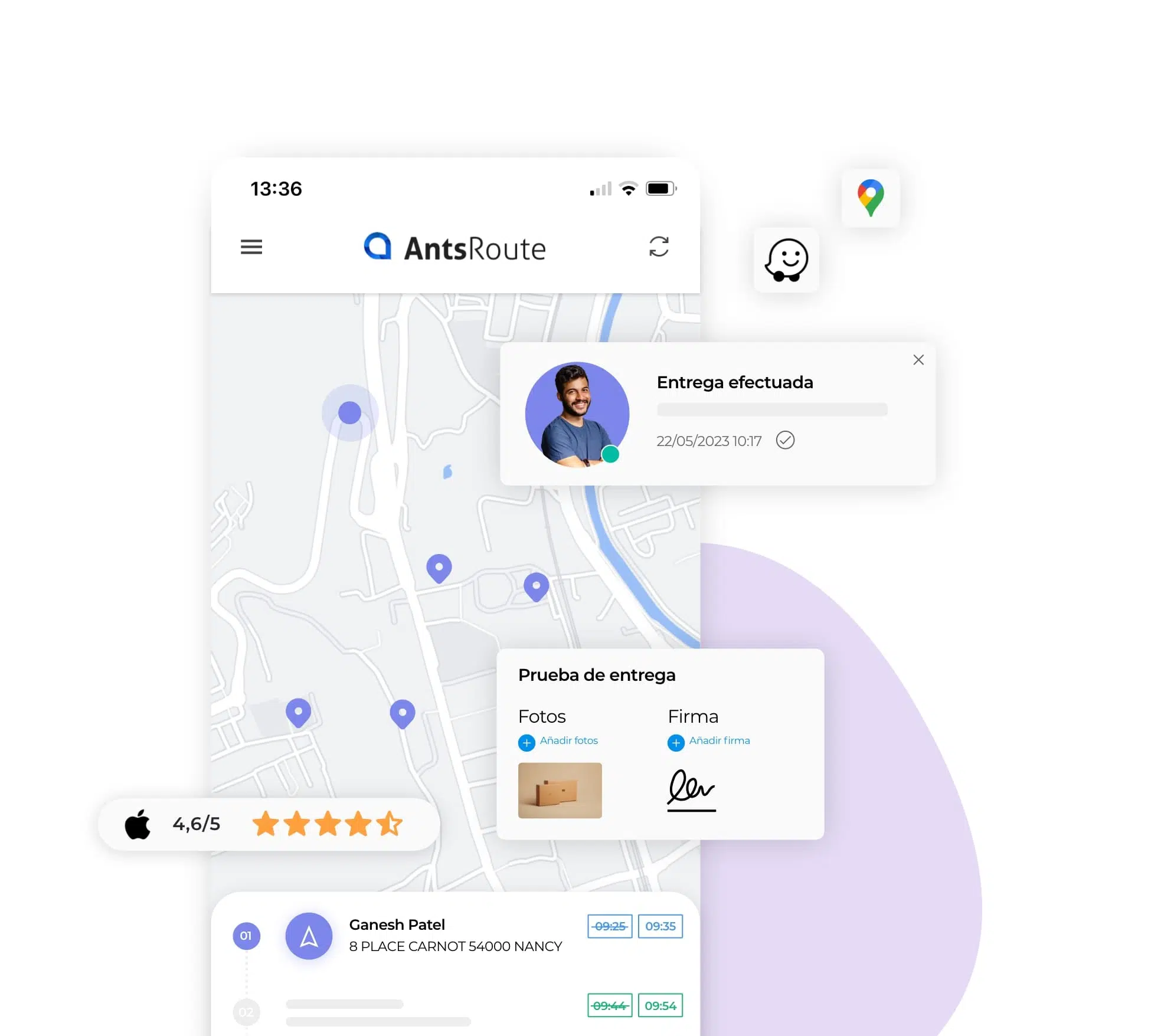 Dashboard de un repartidor en AntsRoute con transmisión de pruebas de entrega.