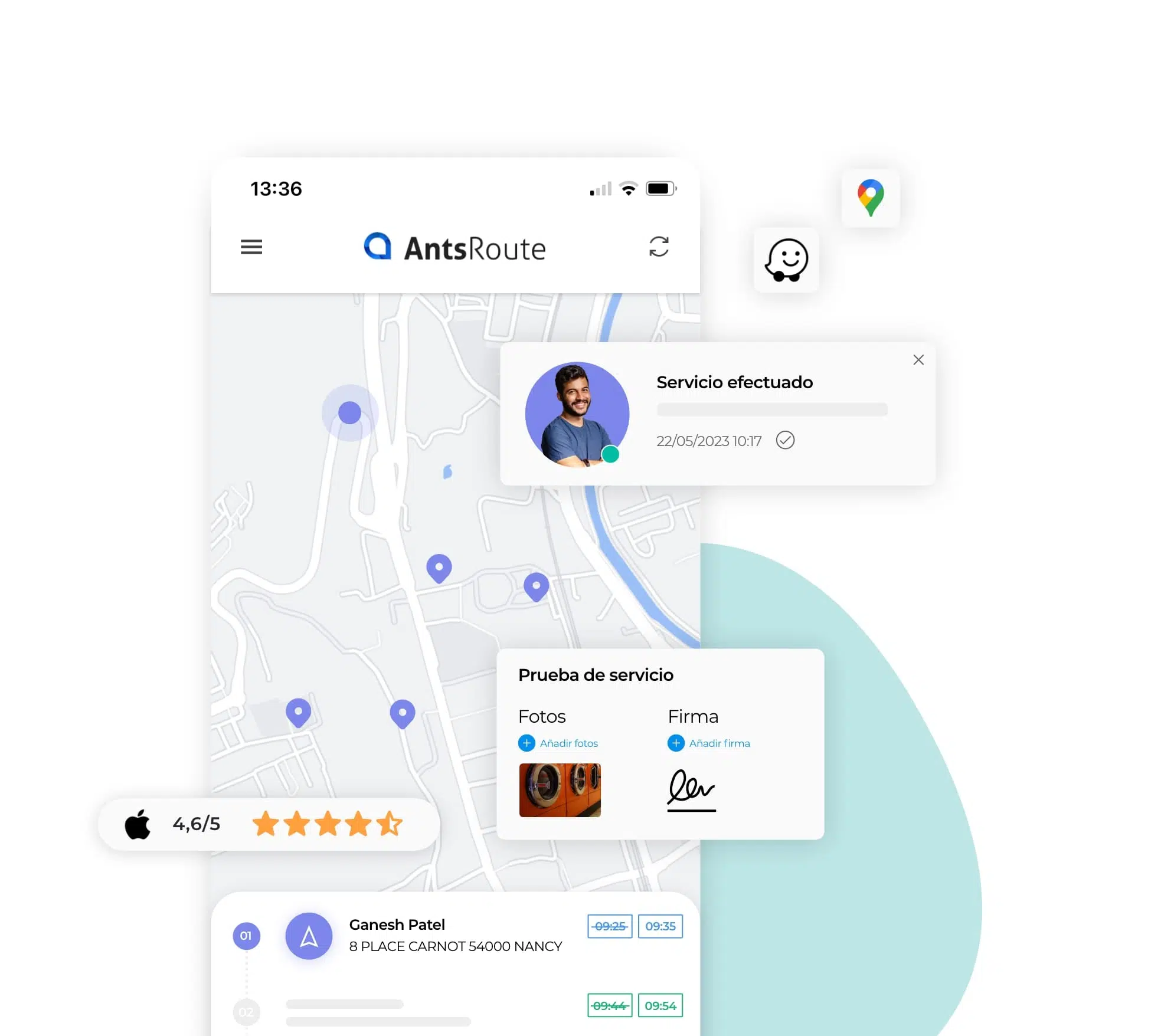 Dashboard de la actividad de un técnico o agente de campo en AntsRoute con la transmisión de pruebas de trabajo.