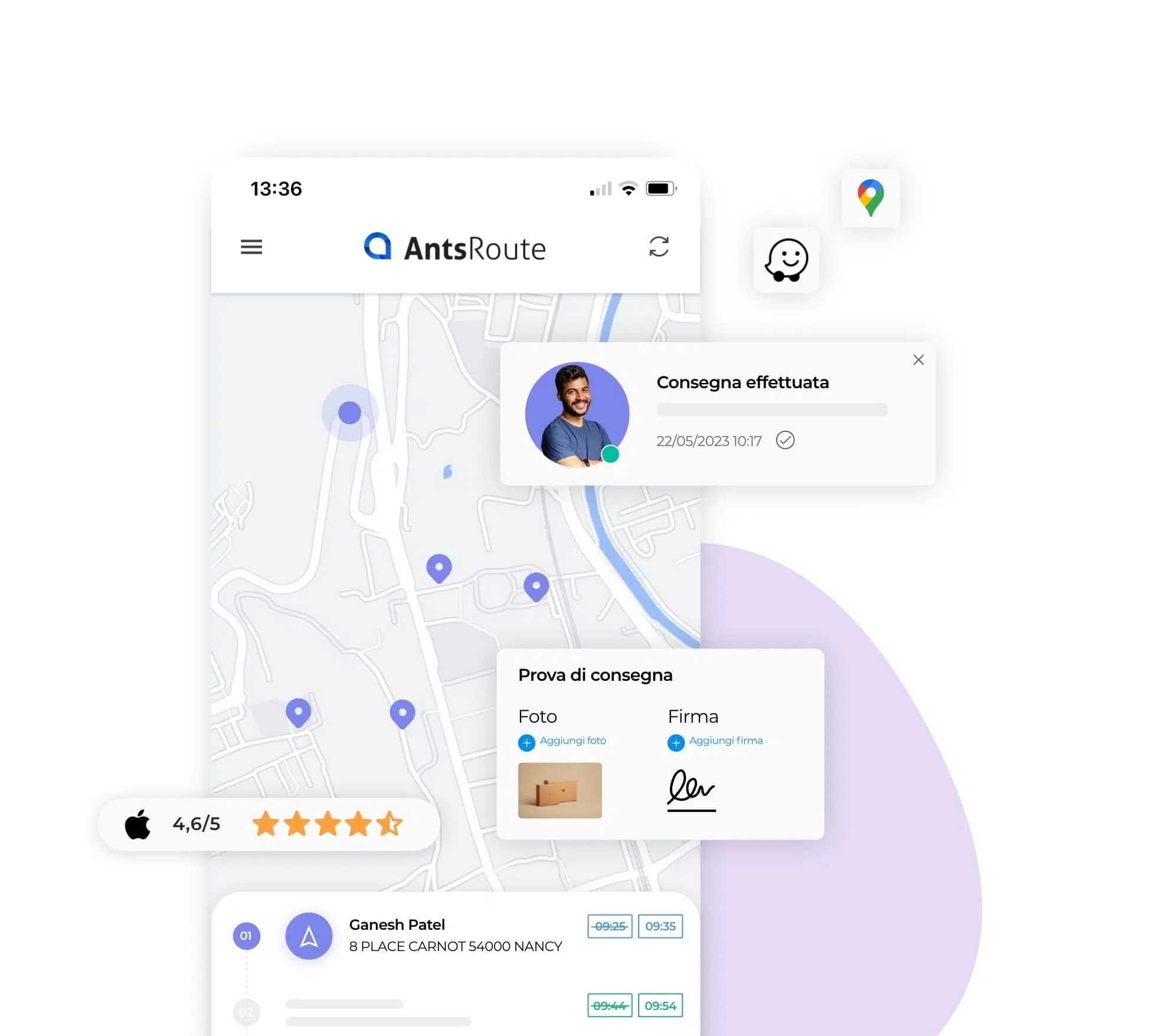 Dashboard di un addetto alle consegne su AntsRoute con la trasmissione della prova di consegna.
