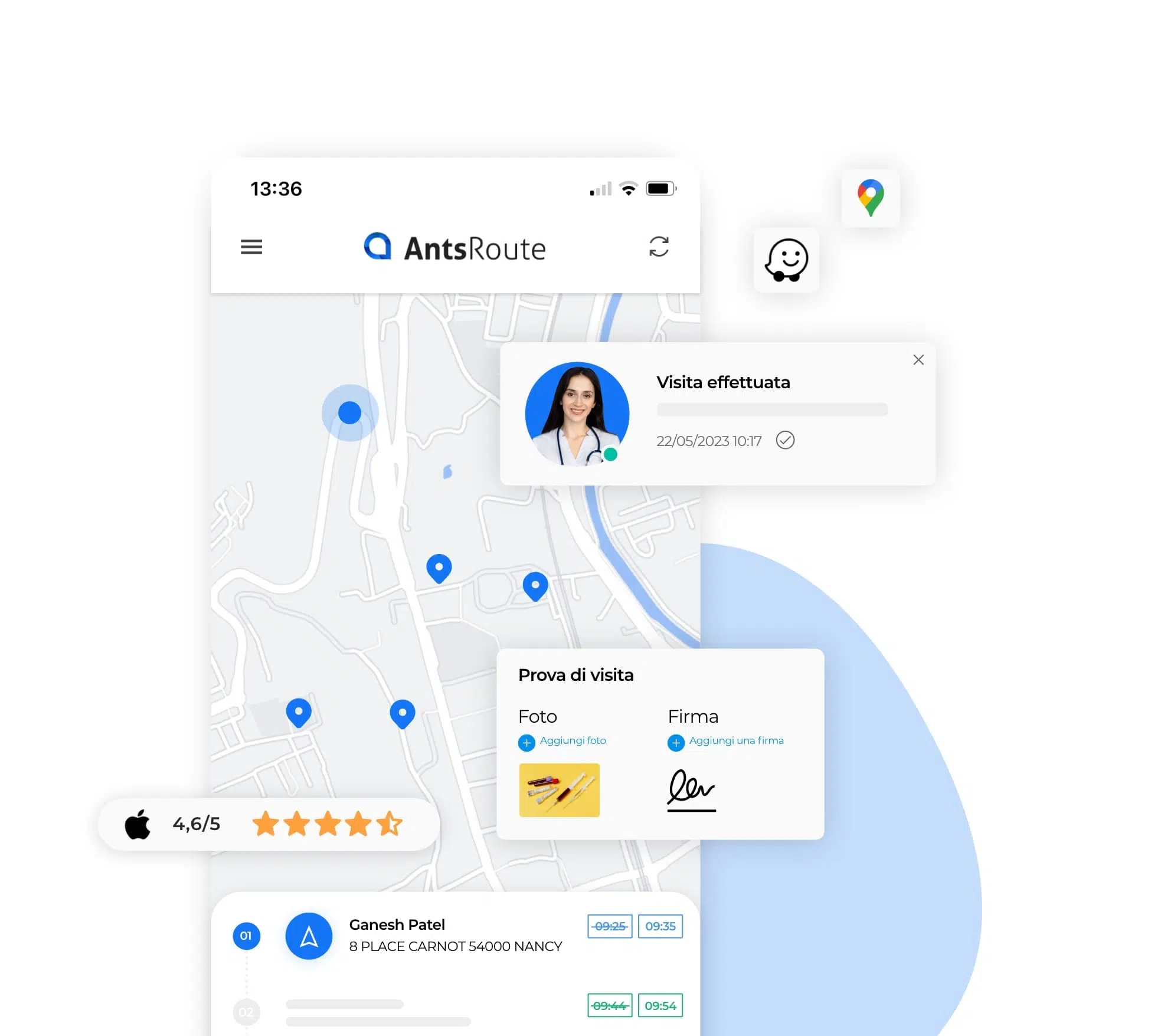 Dashboard di un assistente di campo su AntsRoute con la trasmissione della prova di visita.