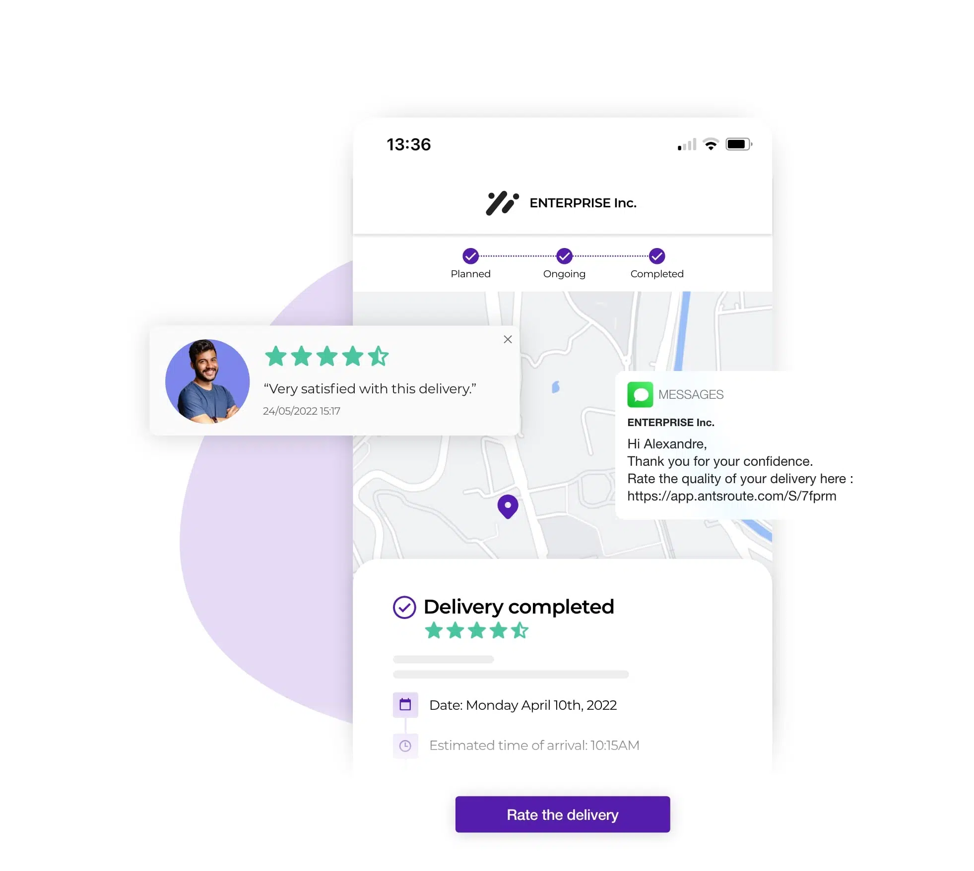 Link enabling the customer to assess the quality of delivery via an AntsRoute notification.