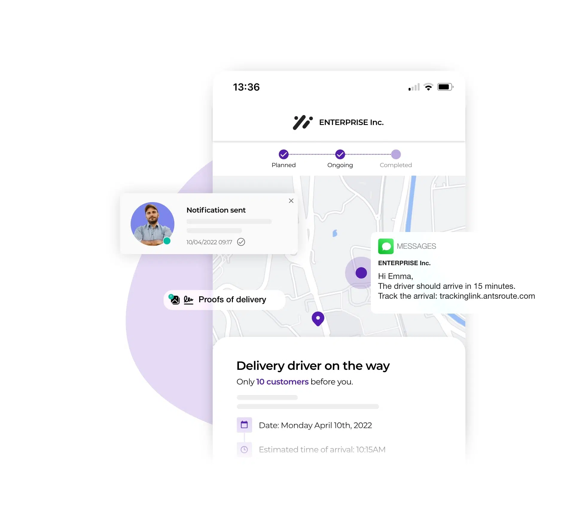 The notification system of the AntsRoute platform to ensure a successful delivery experience.