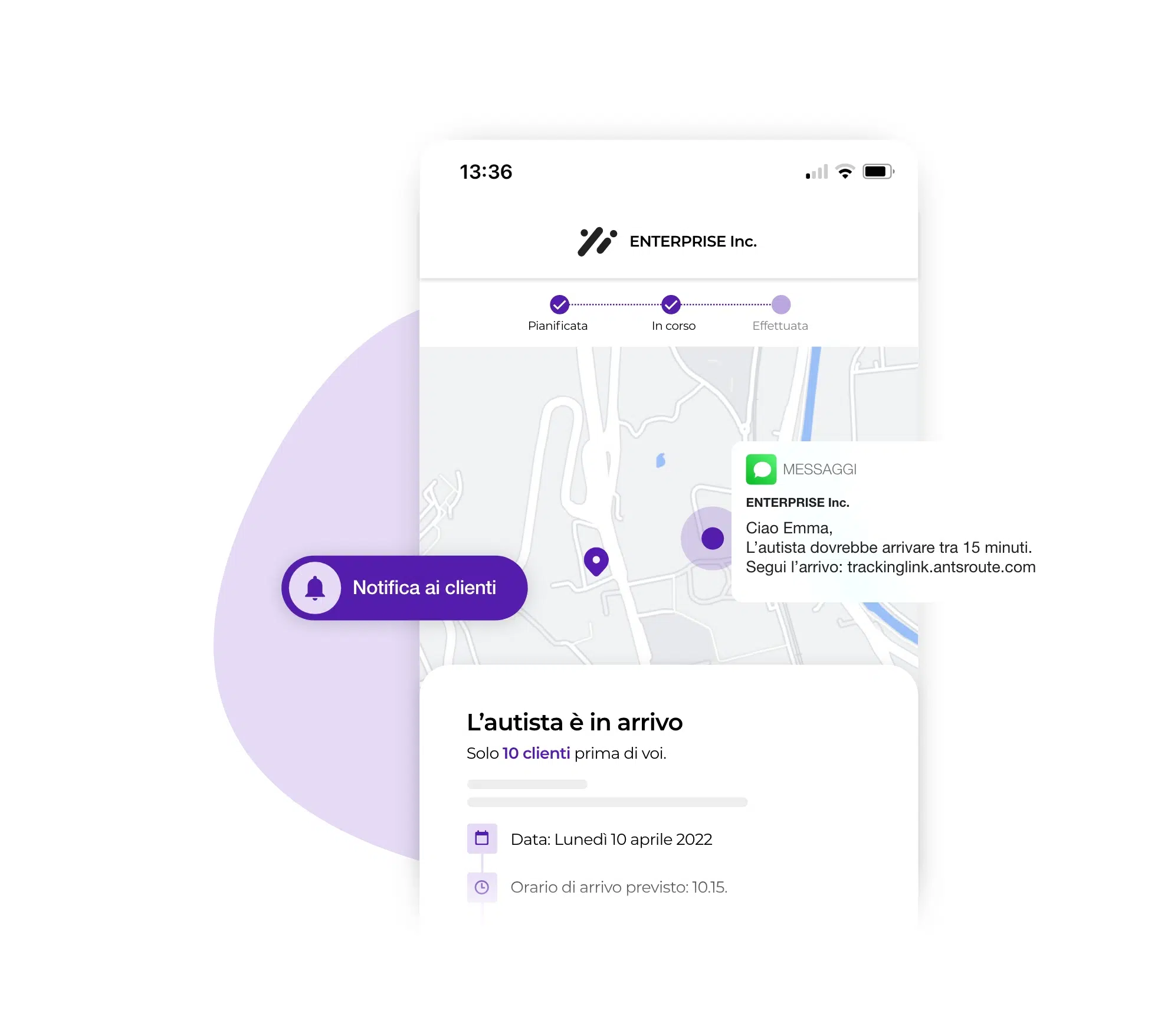 Notifica di AntsRoute che consente di seguire geograficamente gli ordini e l'autista delle consegne.