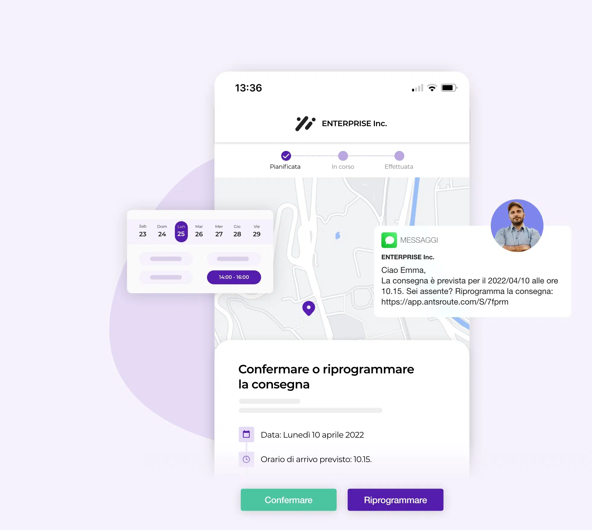 Notifica AntsRoute con link che consente al cliente di riprogrammare una consegna.