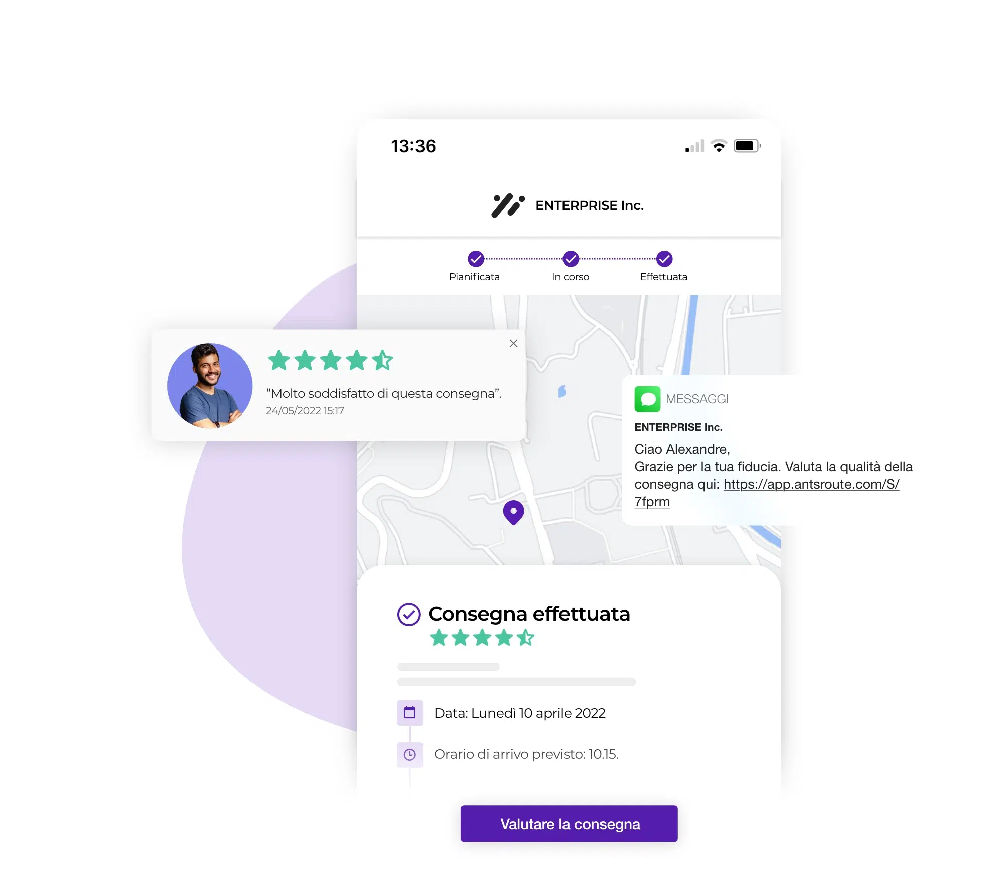 Notifica AntsRoute con link per consentire al cliente di valutare la qualità della consegna.