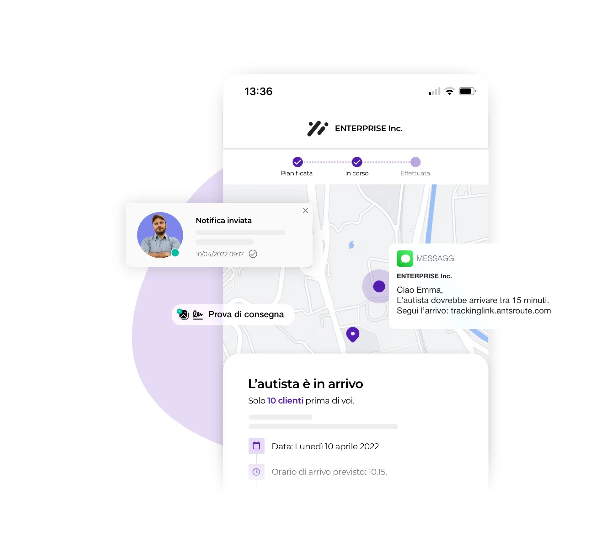 Il sistema di notifica della piattaforma AntsRoute per garantire un'esperienza di consegna soddisfacente.