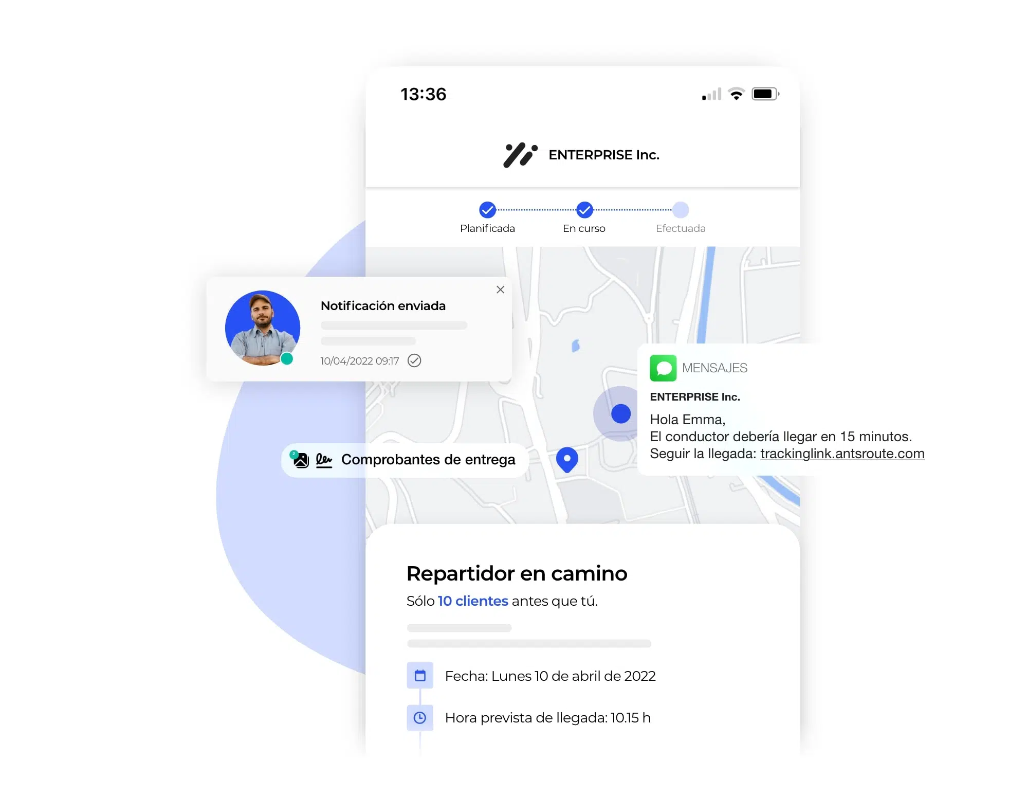 El envío de notificaciones en cada etapa del proceso de entrega o intervención en AntsRoute.