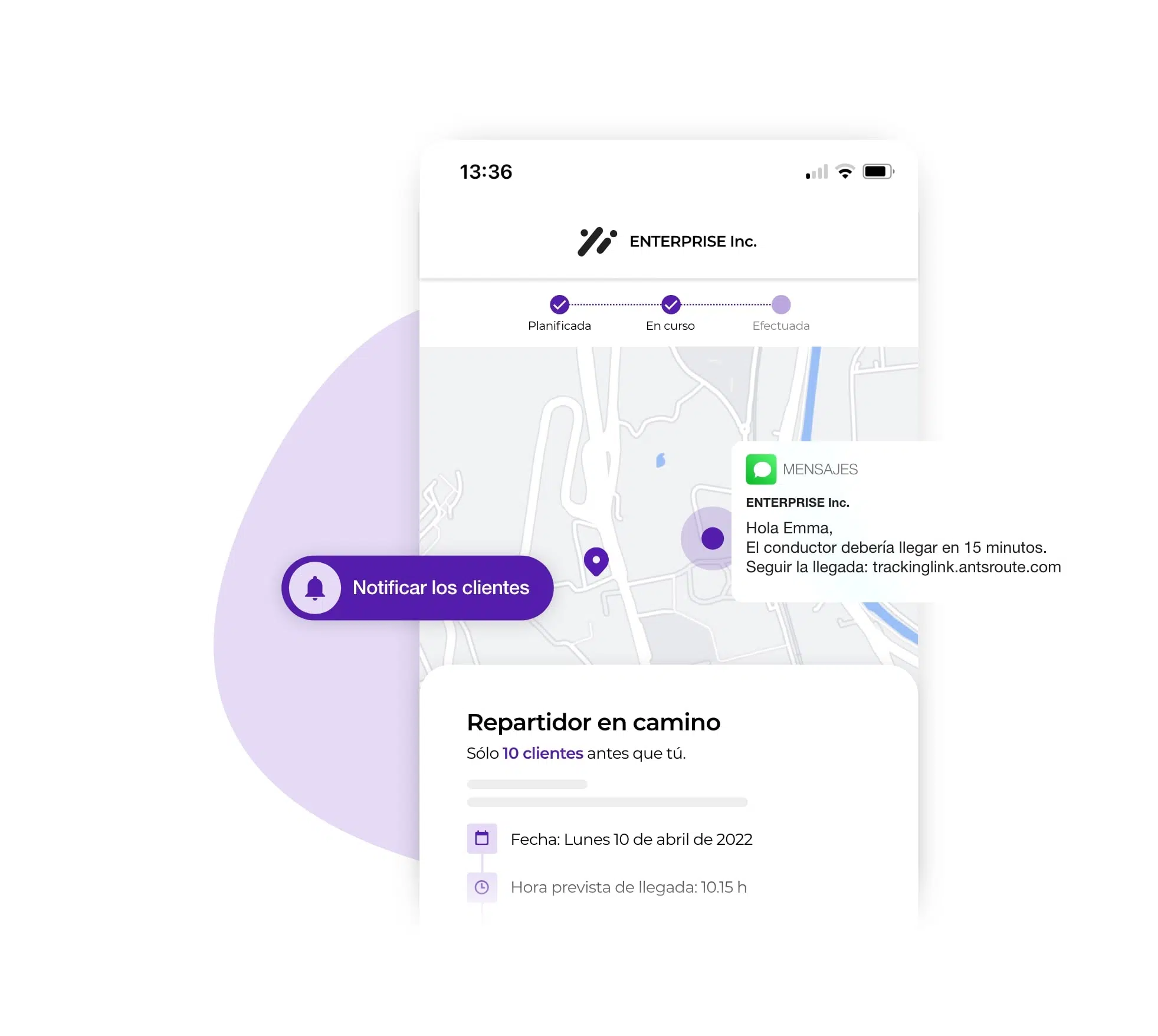 La notificación AntsRoute que hace posible el seguimiento geográfico de los pedidos y el conductor de entrega.