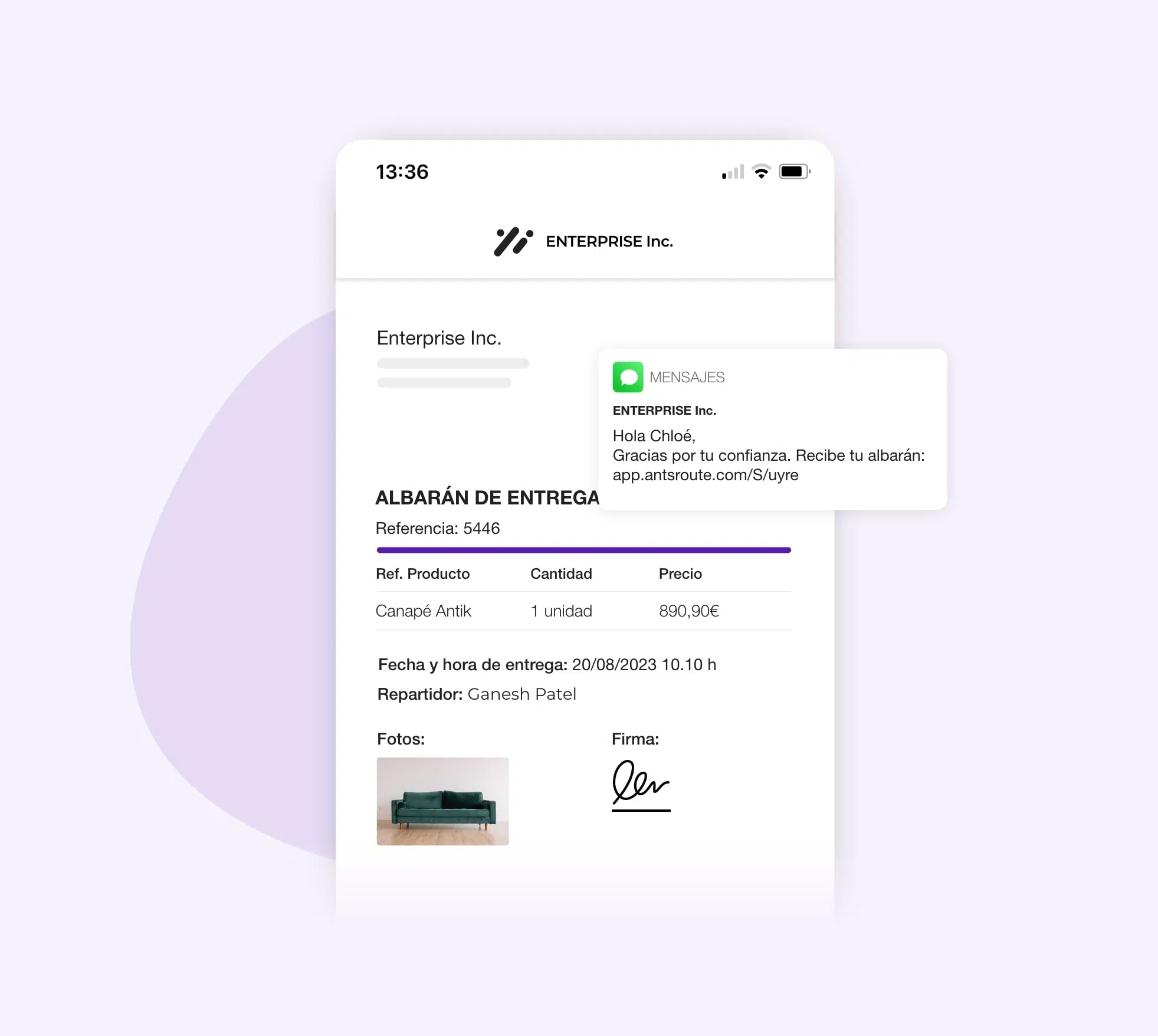Notificación de AntsRoute enviada a los clientes con enlace para descargar el albarán de entrega.