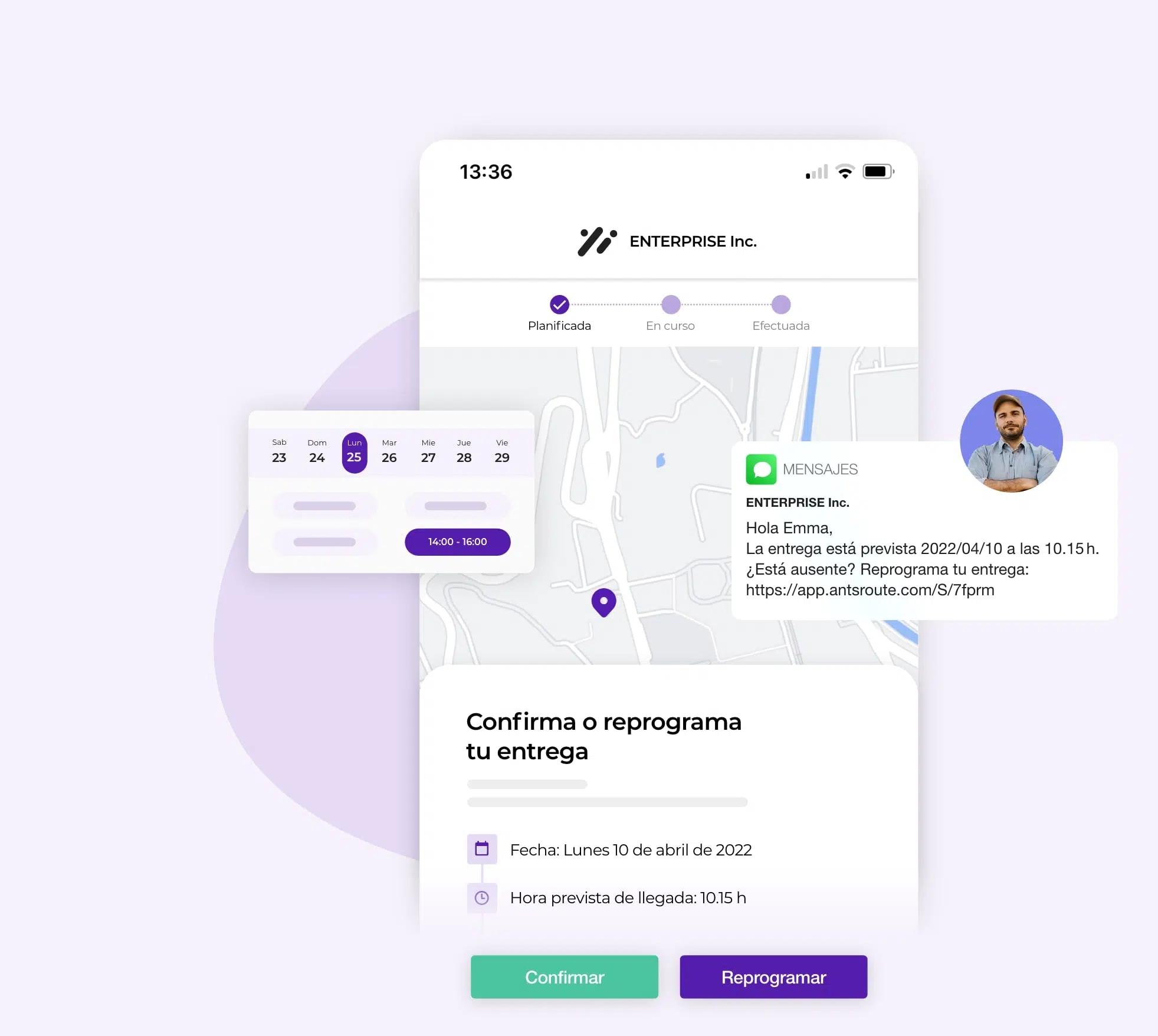 Notificación AntsRoute con enlace que permite al cliente reprogramar una entrega.