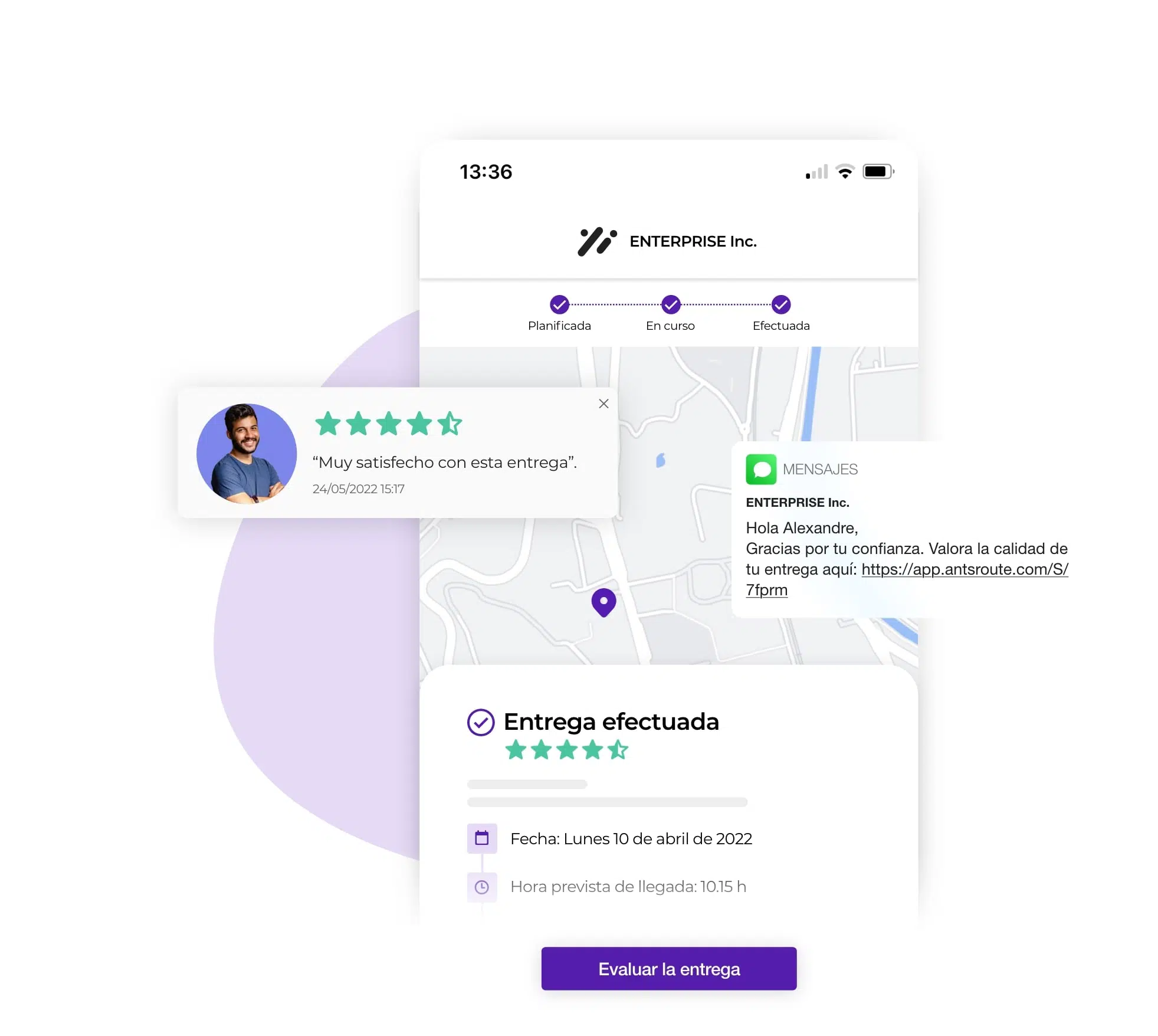 Notificación AntsRoute con enlace que permite al cliente evaluar la calidad de la entrega.