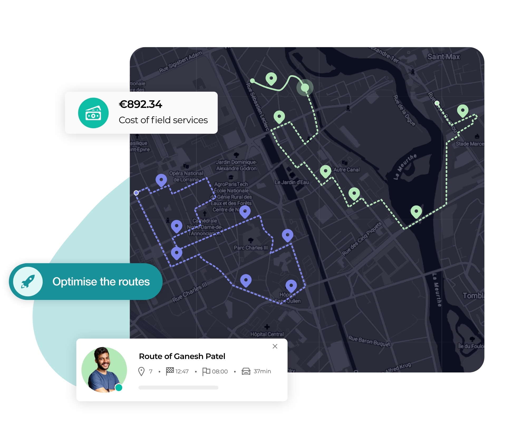 View of the construction of optimised field service routes on AntsRoute.