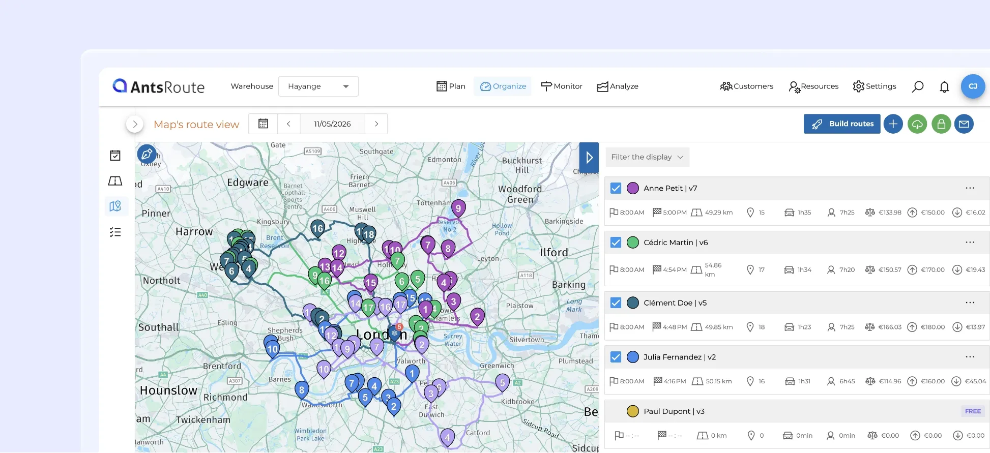 AntsRoute interface displaying a route map with multiple coloured itineraries and a sidebar listing drivers and journeys.