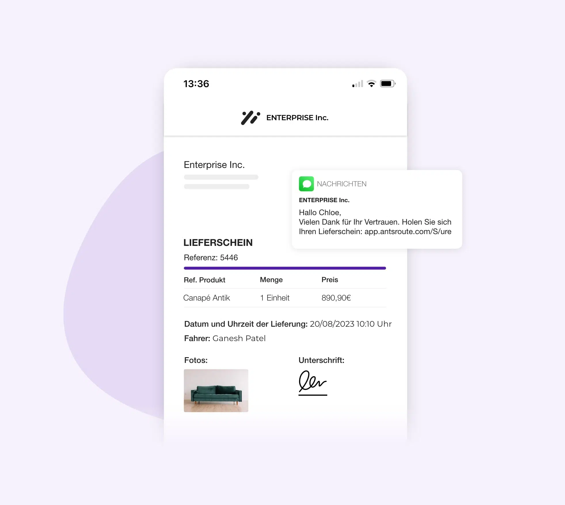 AntsRoute-Benachrichtigung an den Kunden mit Link zum Download des Lieferscheins.