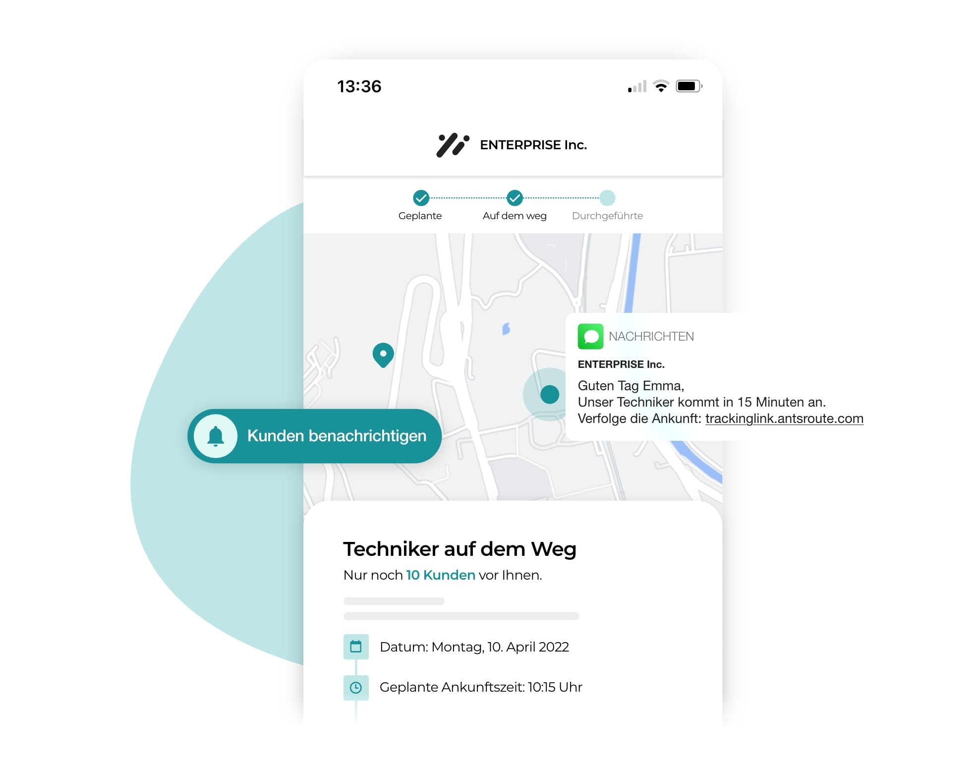 Das Versenden einer Benachrichtigung über AntsRoute, die es dem Kunden ermöglicht, die Ankunft des Technikers zu verfolgen.