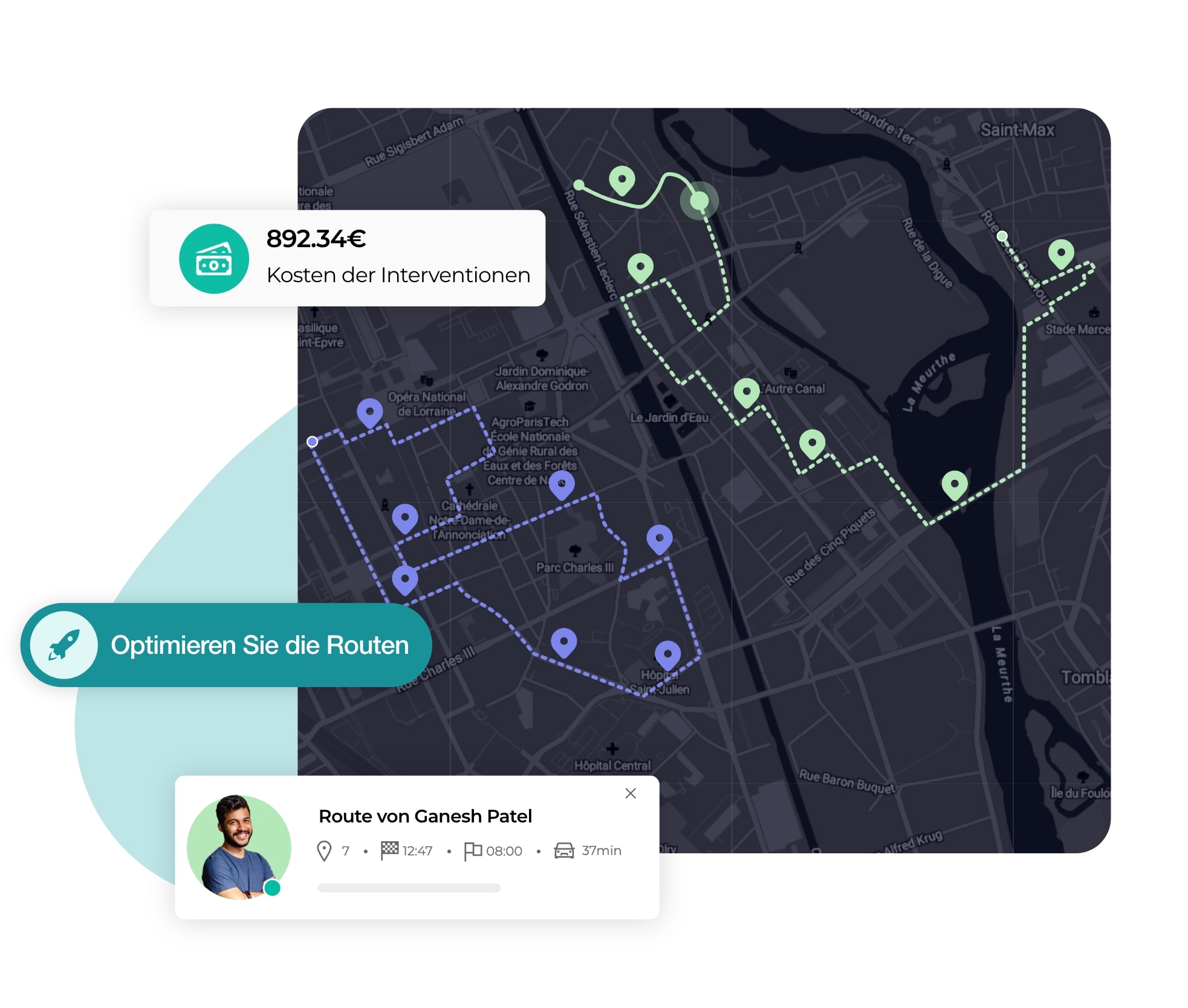 Schnittstelle der AntsRoute-Software, die die Optimierung von Einsatztouren zeigt.