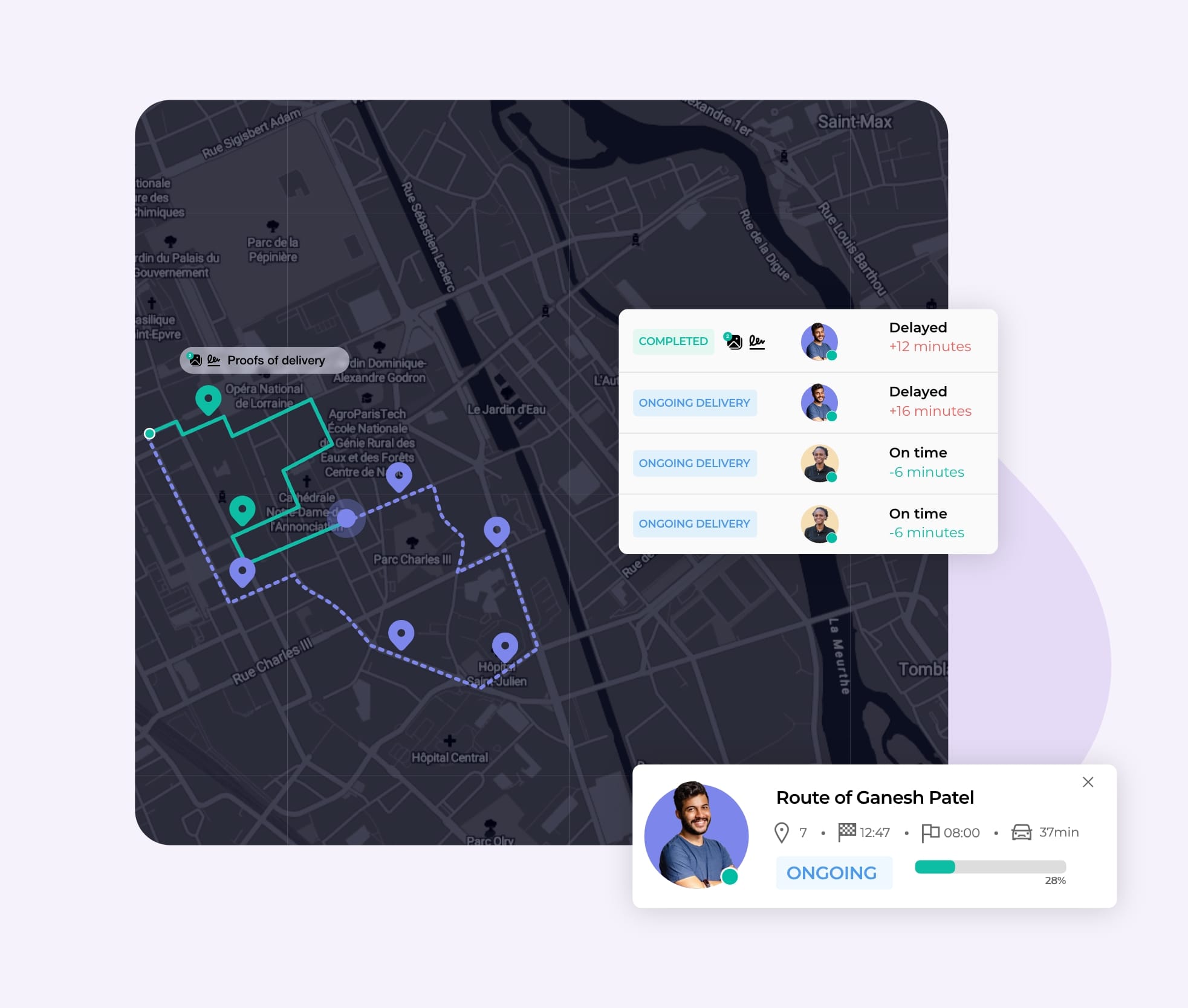 View of an AntsRoute user's activity with live delivery driver tracking. 
