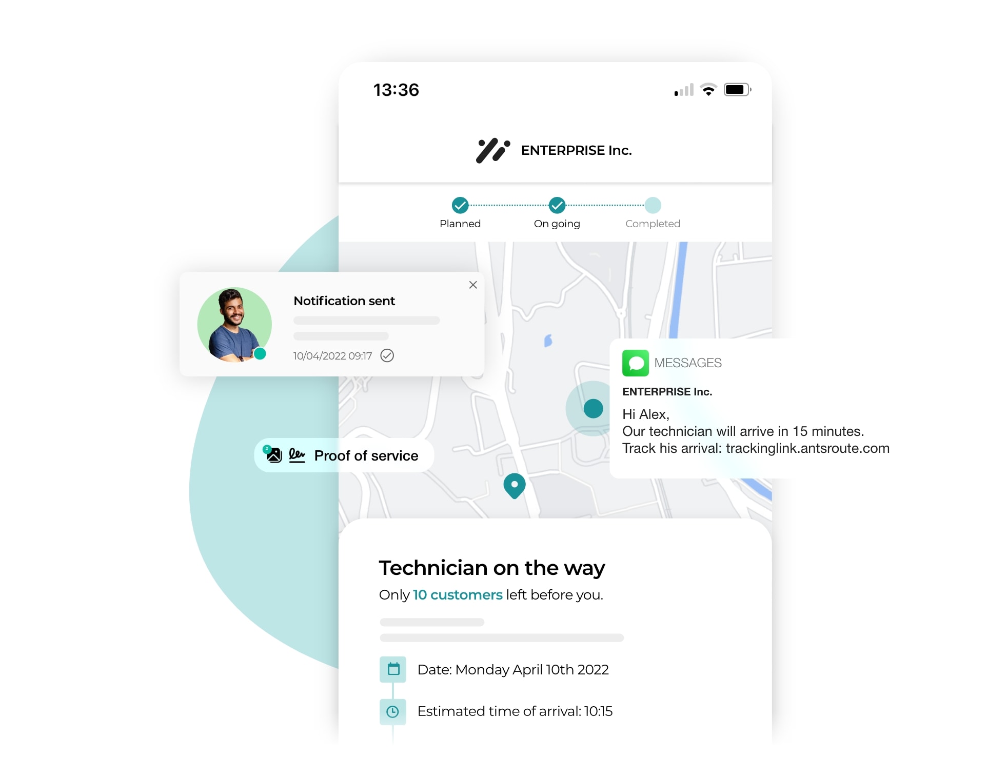 The sending via AntsRoute of a notification to the customer indicating the time of arrival of the service technician.