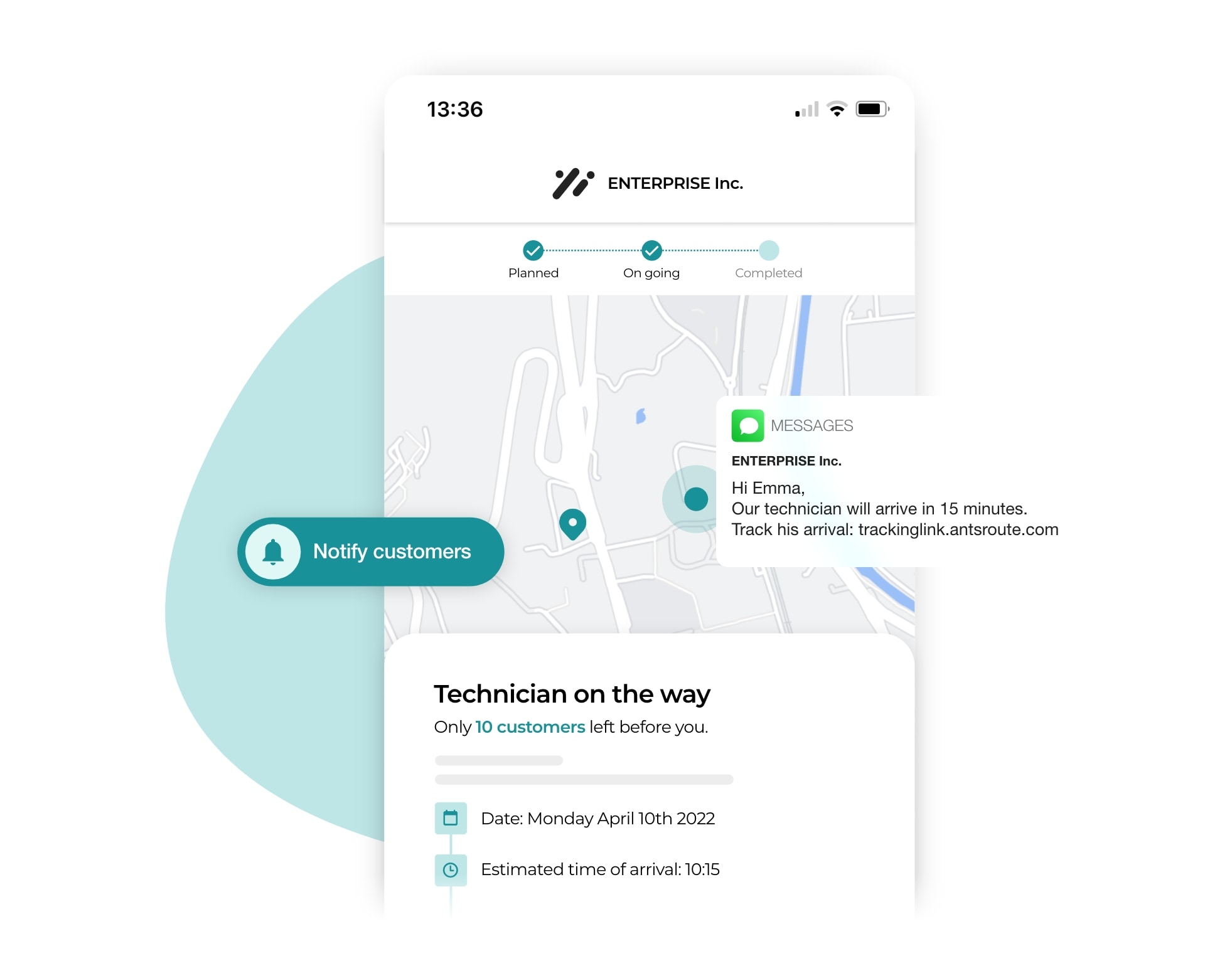 The sending via AntsRoute of a notification enabling the customer to track the arrival of the technician.