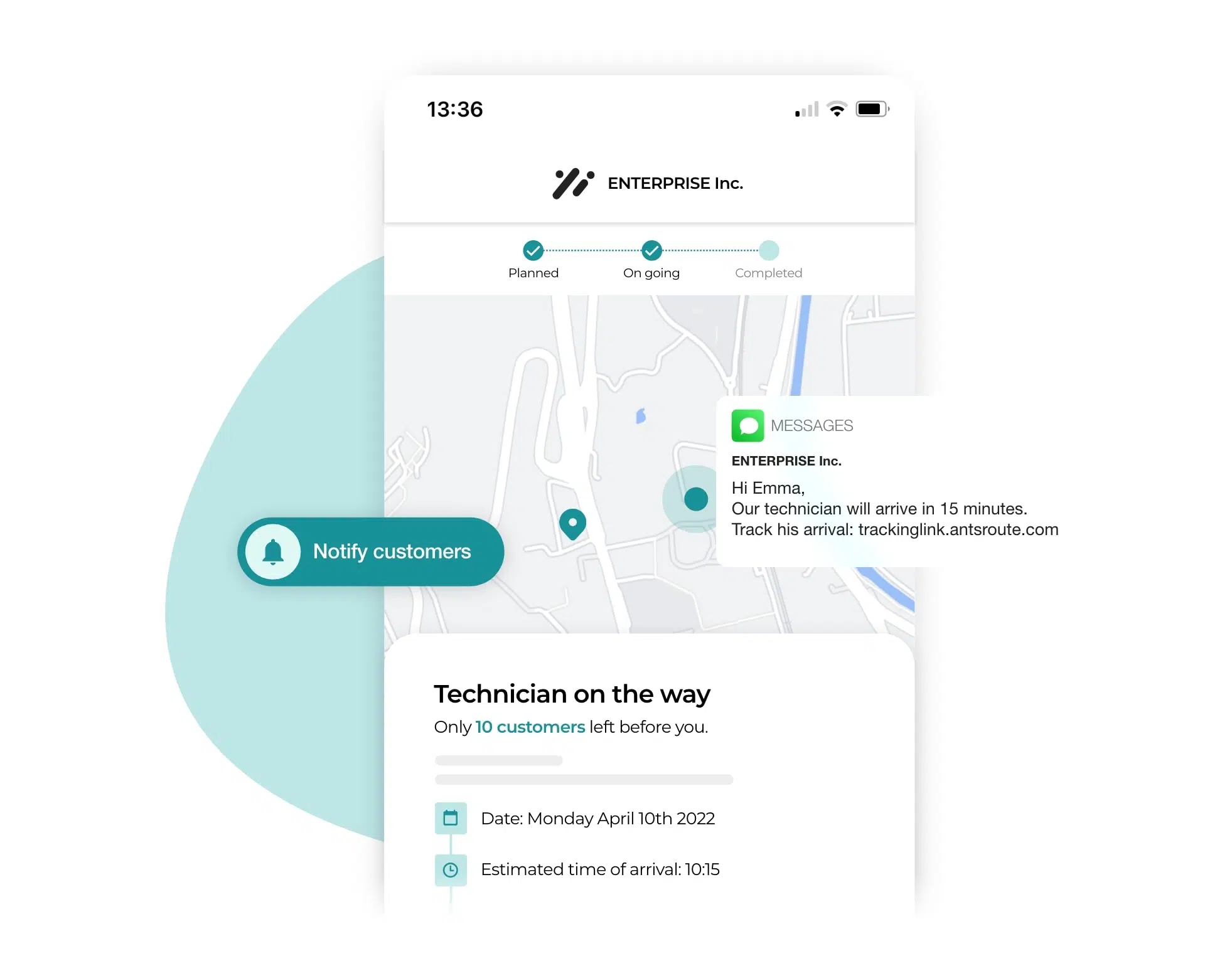 The sending via AntsRoute of a notification enabling the customer to track the arrival of the technician.