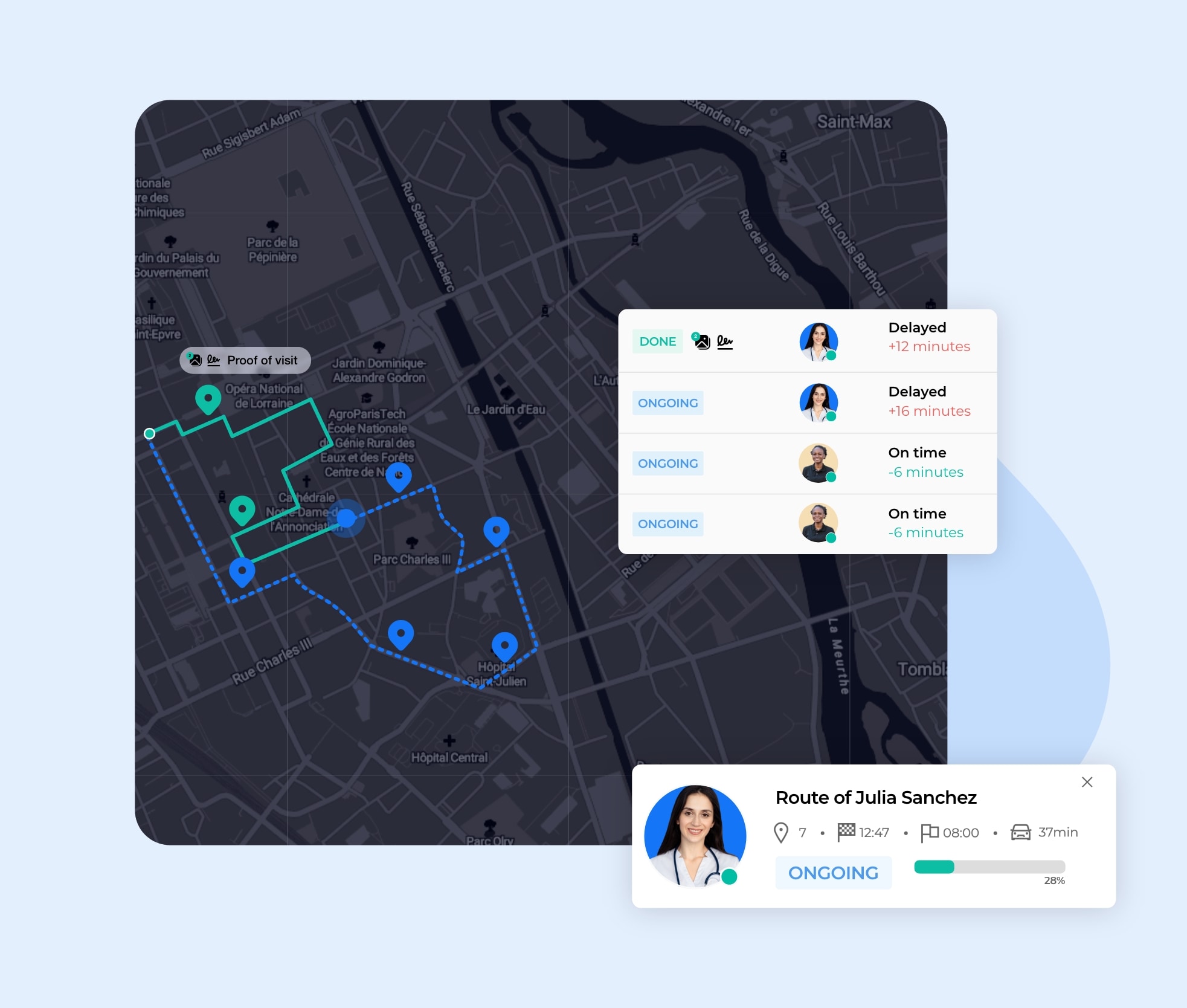 View of an AntsRoute user's activity with live tracking of mobile caregivers.