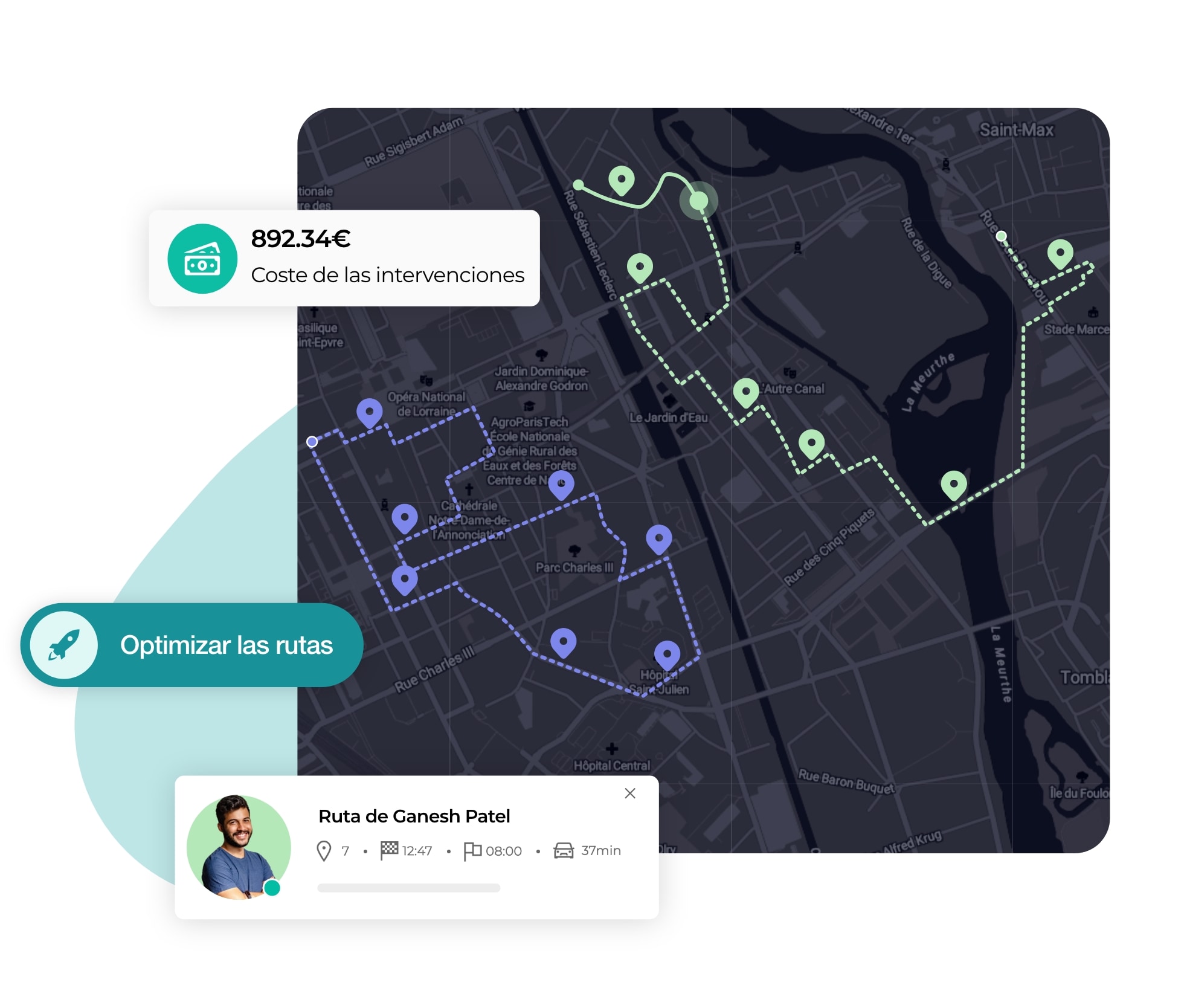 Vista de la construcción de rutas de intervención optimizadas en AntsRoute.