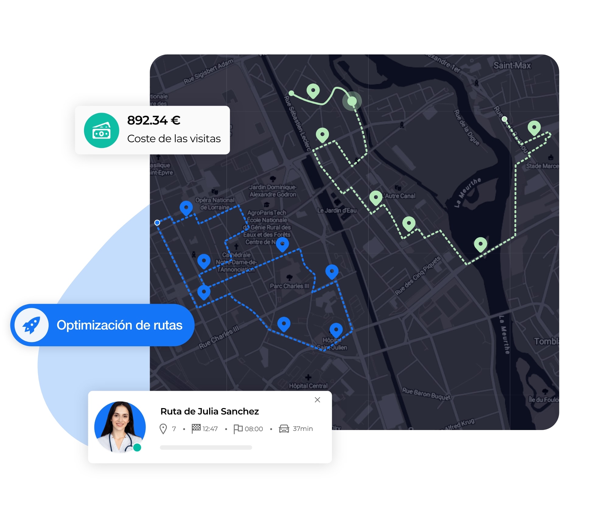 Vista de la optimización de las rutas de asistencia domiciliaria en AntsRoute.