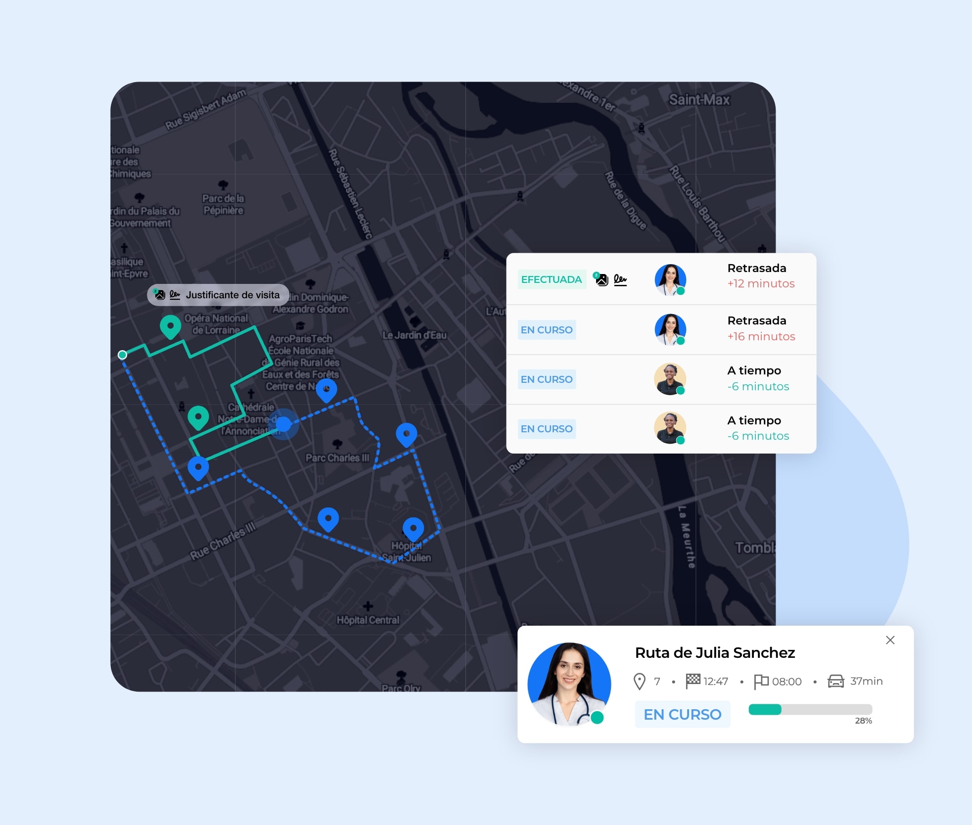 Vista de la actividad de un usuario de AntsRoute con seguimiento en directo de los cuidadores móviles.