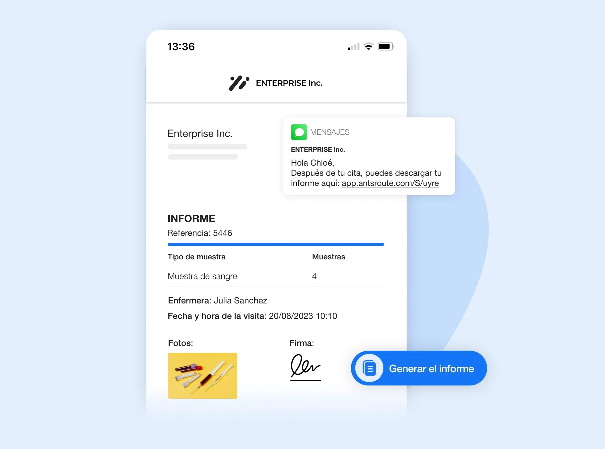 Envío de una notificación con un informe de visita a través de AntsRoute.