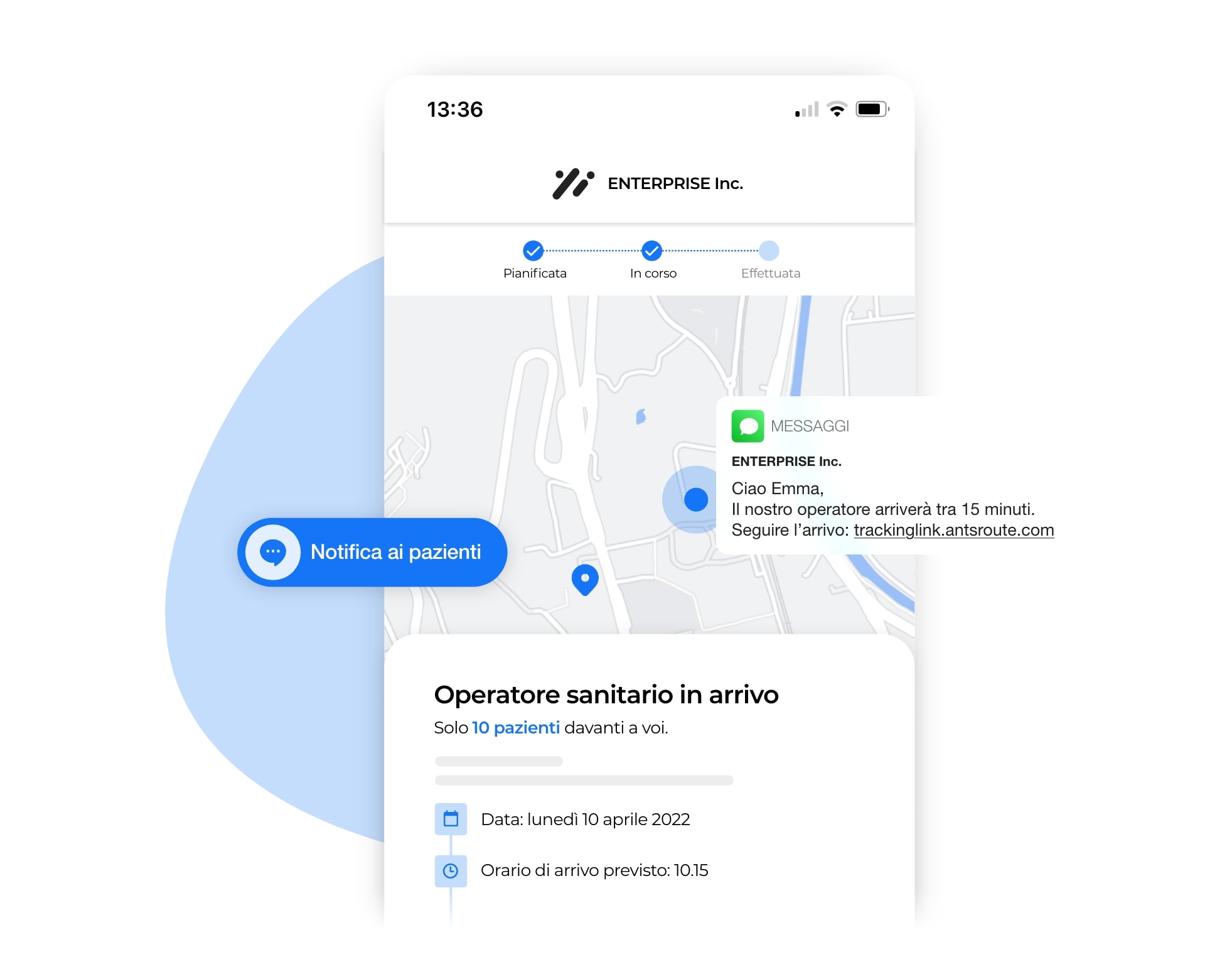 Invio di una notifica tramite AntsRoute, in modo che il paziente possa seguire l'arrivo dell'operatore sanitario.