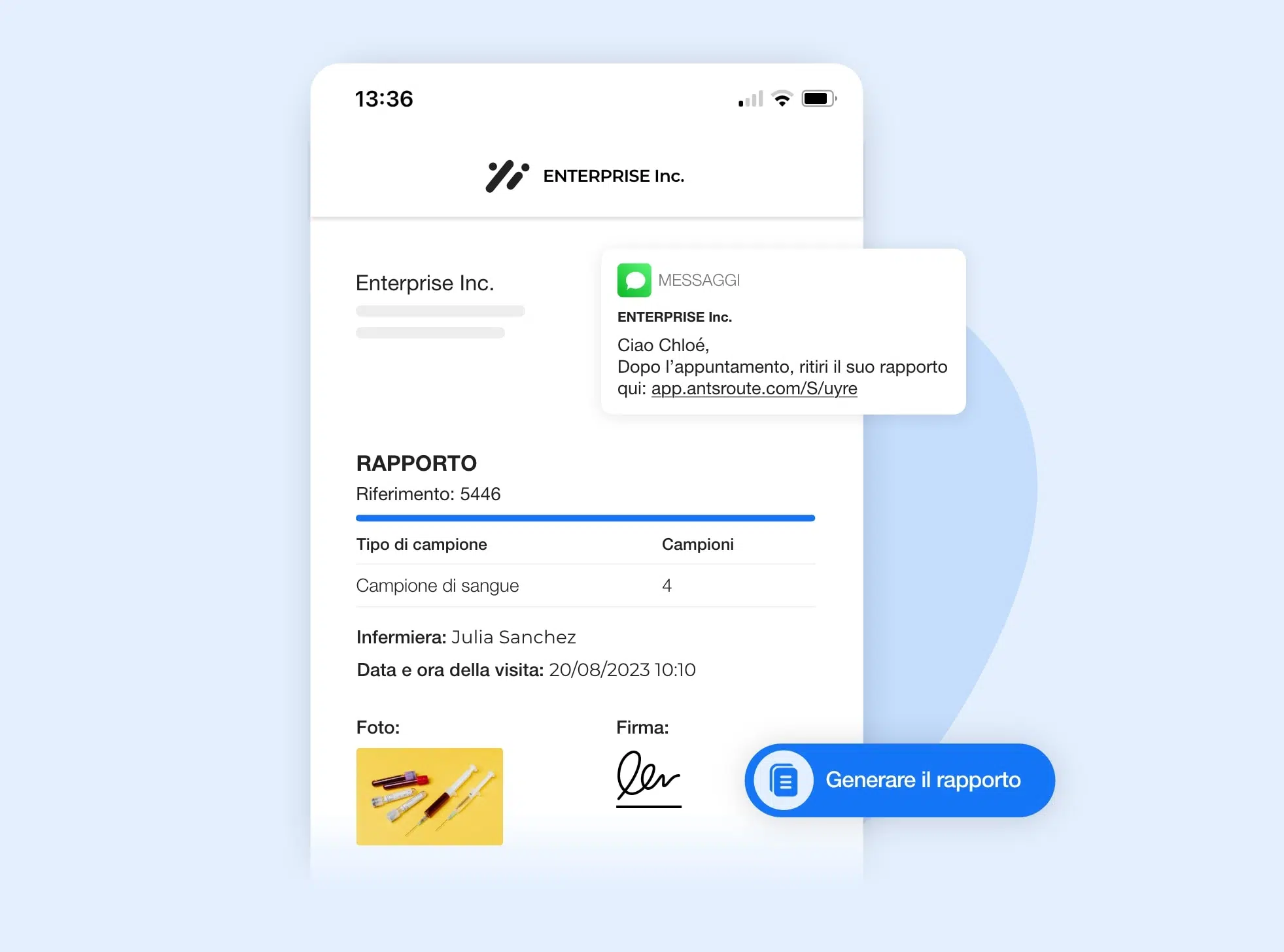Invio di una notifica tramite AntsRoute con un rapporto sulla visita.