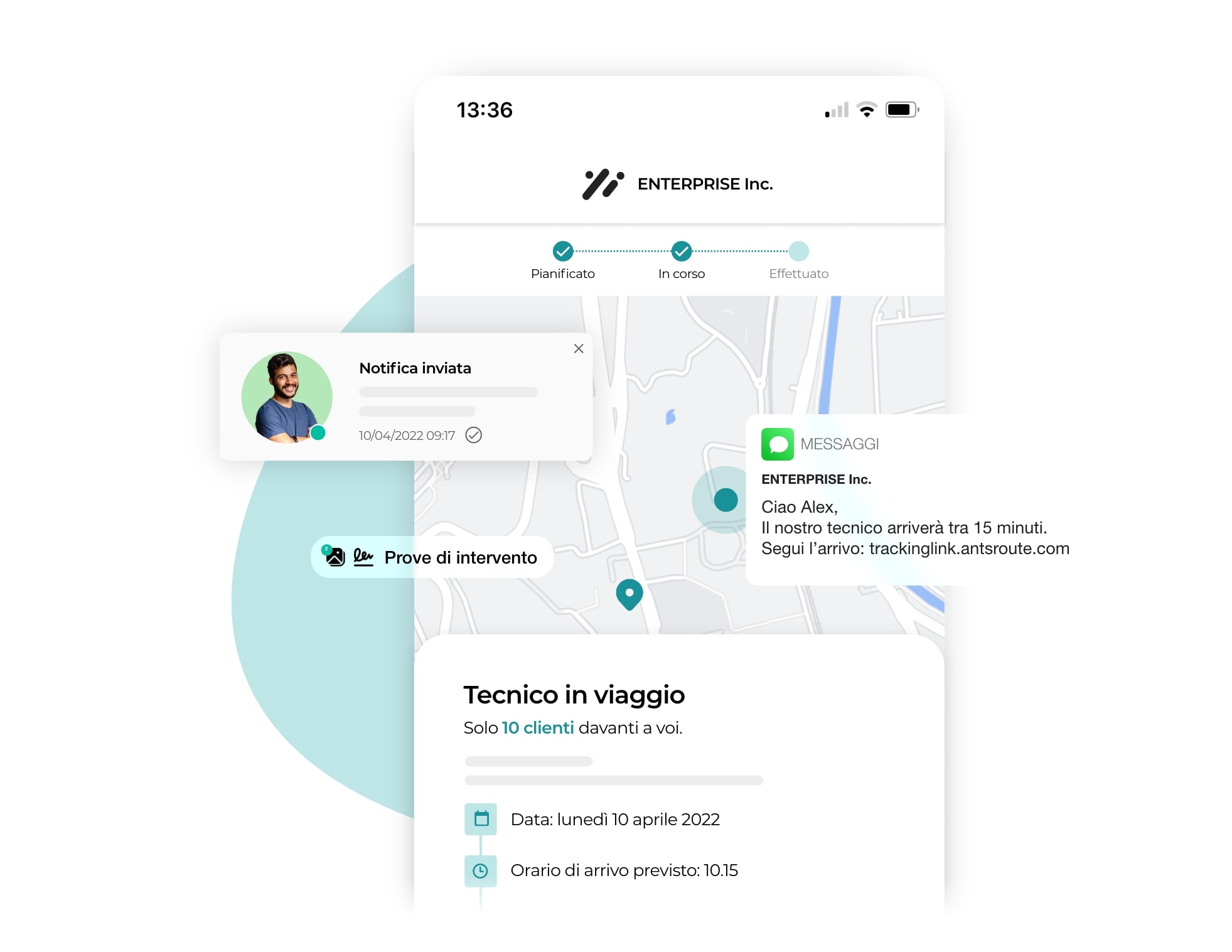 Il sistema AntsRoute per l'invio di una notifica al cliente che indica l'arrivo del tecnico dell'assistenza.