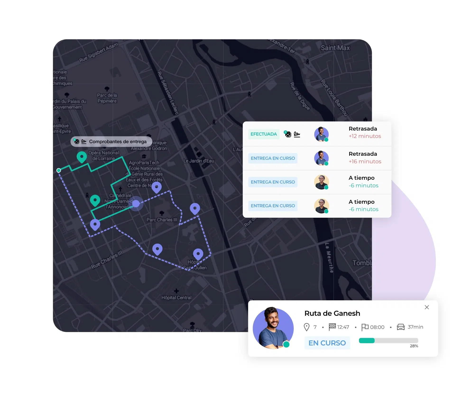 La interfaz AntsRoute muestra el progreso de los repartidores.