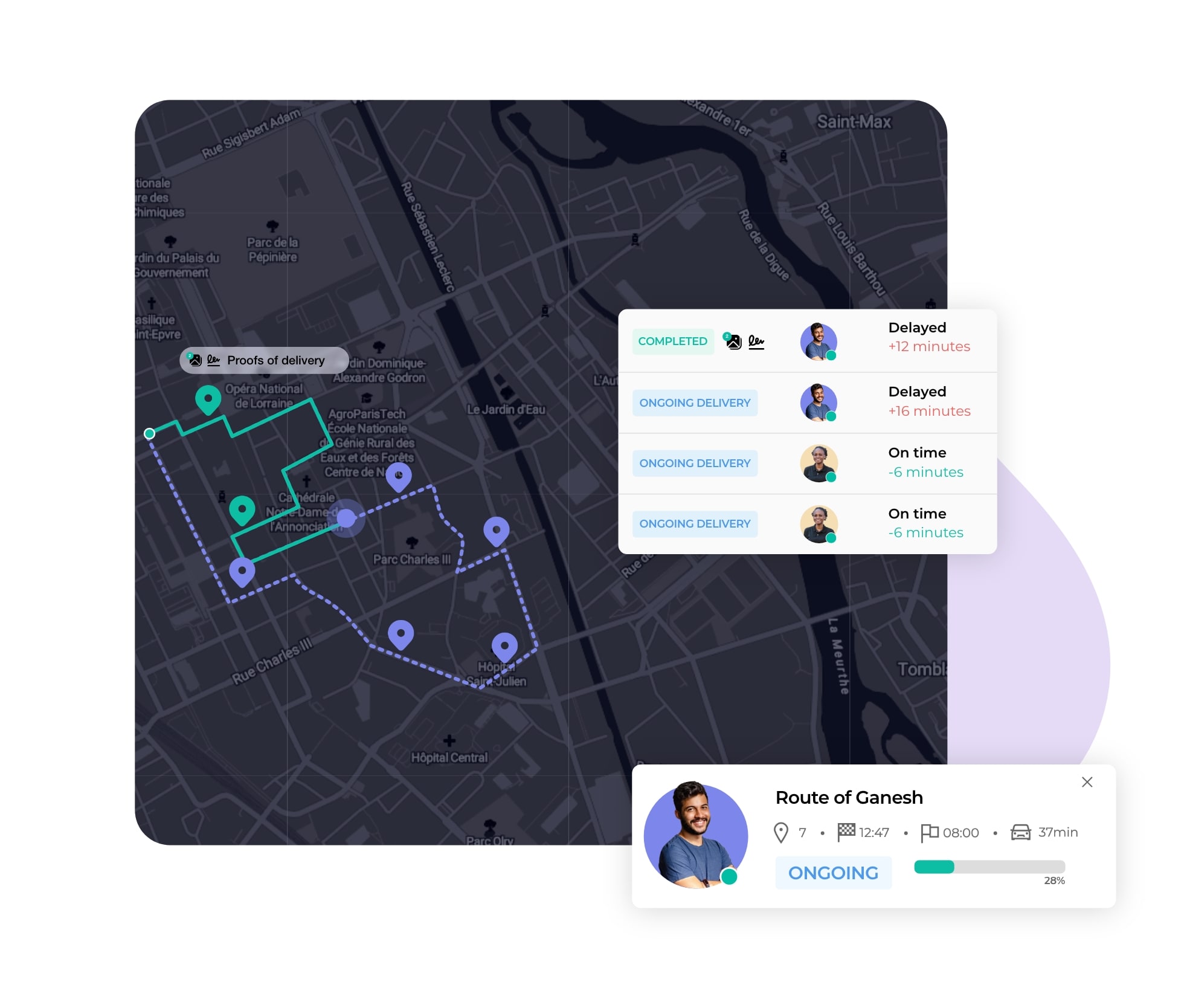 The AntsRoute interface shows the progress of delivery drivers.