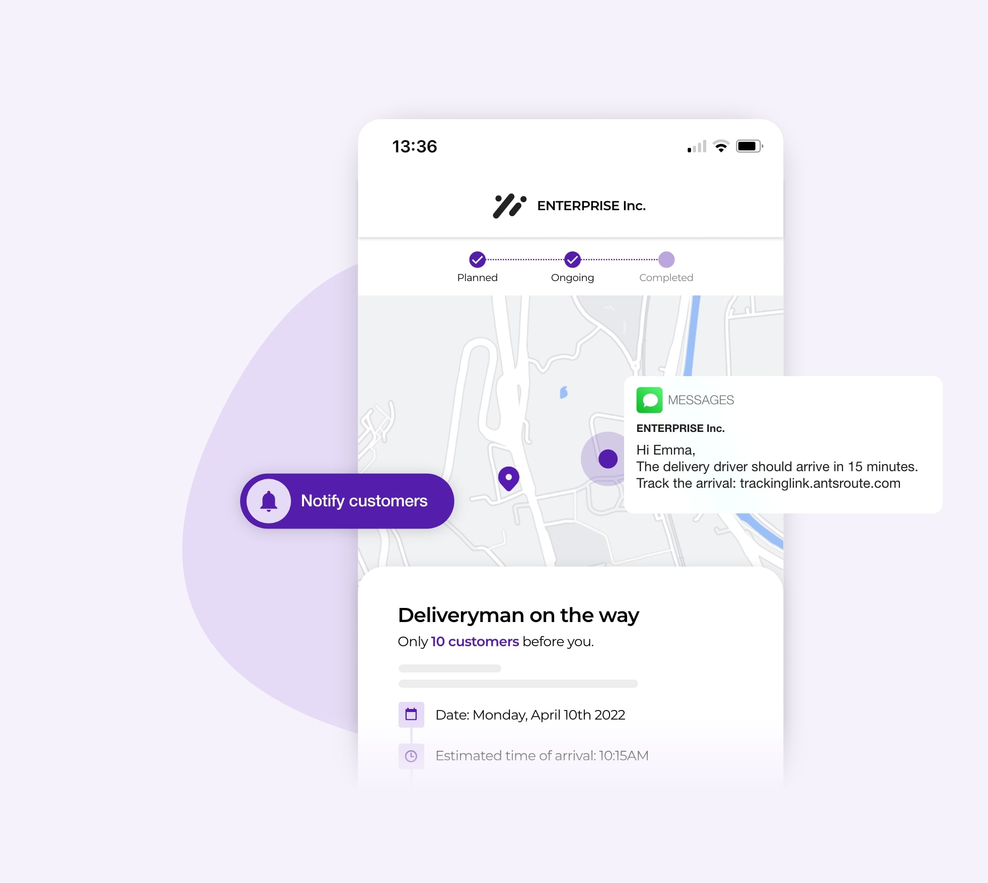 The live tracking of delivery driver's arrival with AntsRoute.