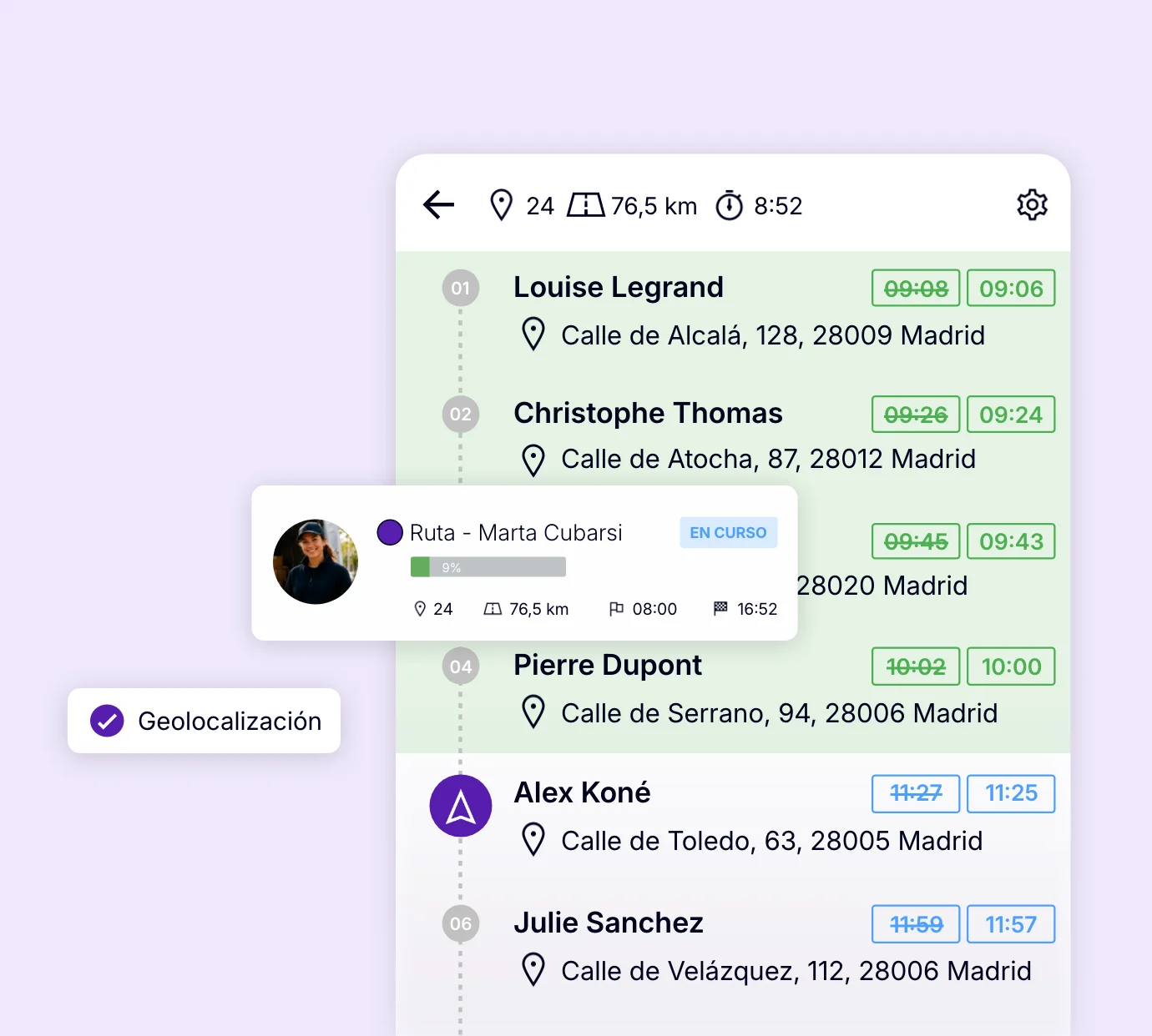 Seguimiento en tiempo real de una ruta con geolocalización del conductor-repartidor y horarios de paso