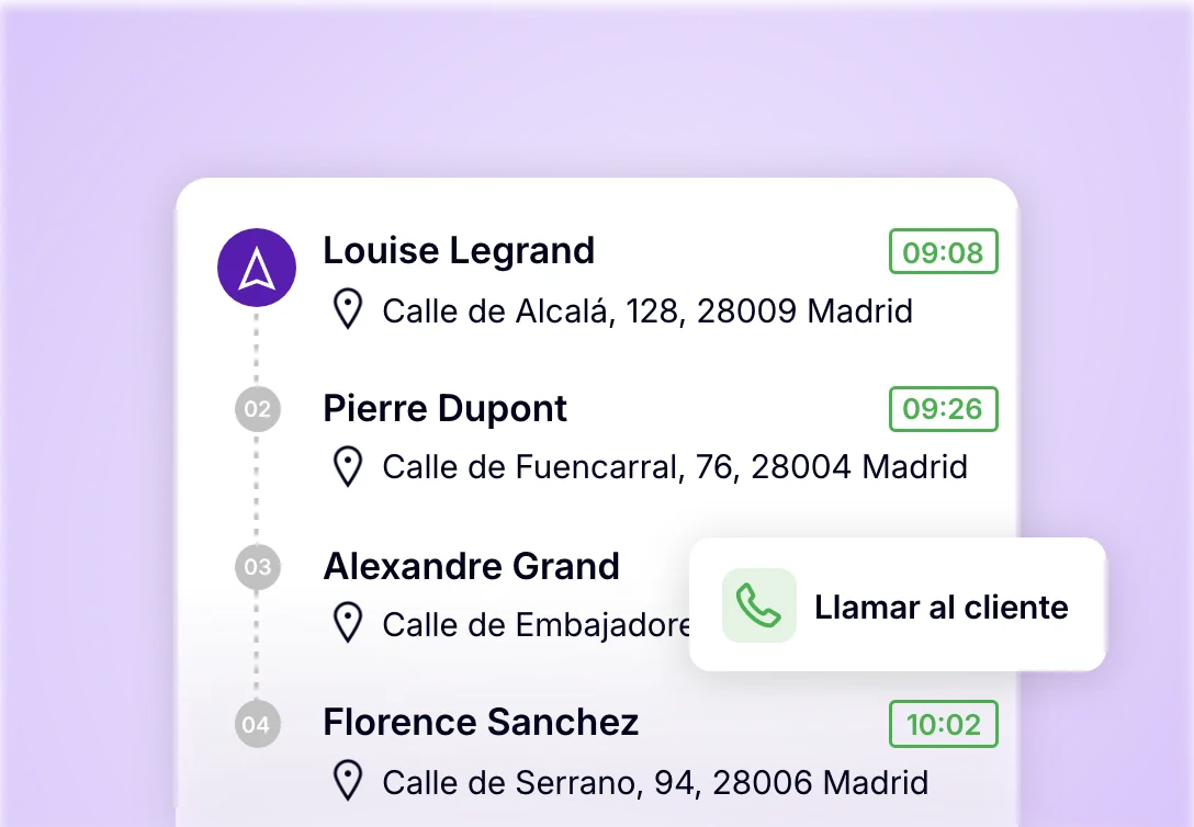 Aplicación para conductores-repartidores que muestra las paradas de la ruta y la opción de llamar al cliente