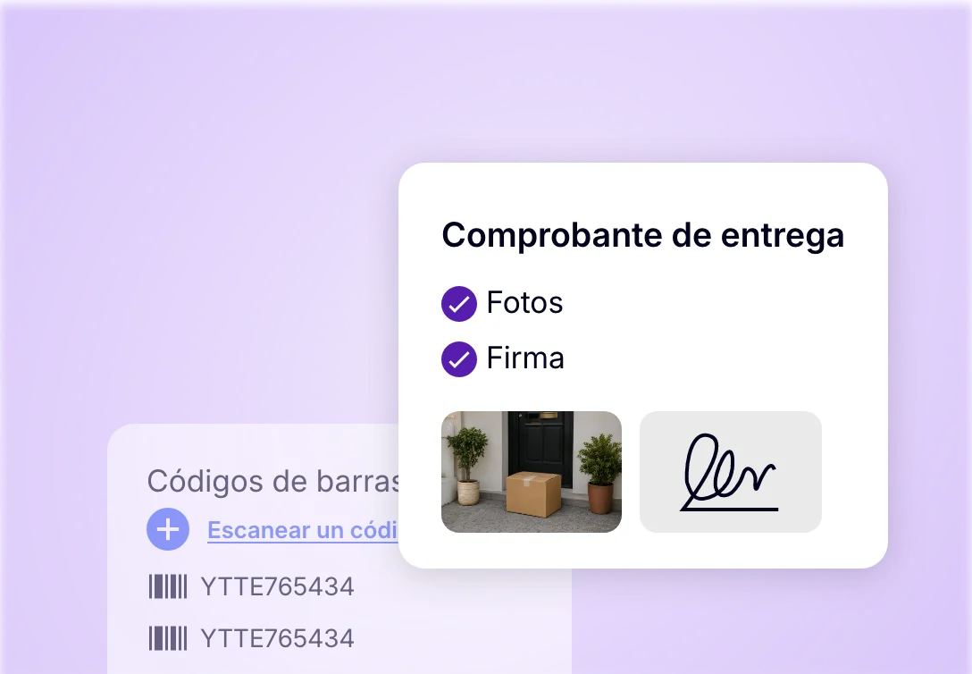 Recopilación de comprobantes de entrega con foto, firma del cliente y escaneo de códigos de barras