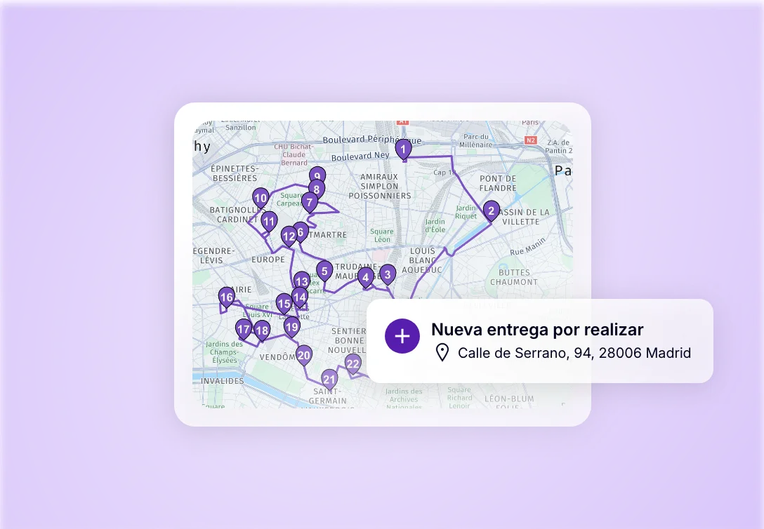 Mapa de una ruta de entrega optimizada con la incorporación de una nueva parada desde la aplicación móvil