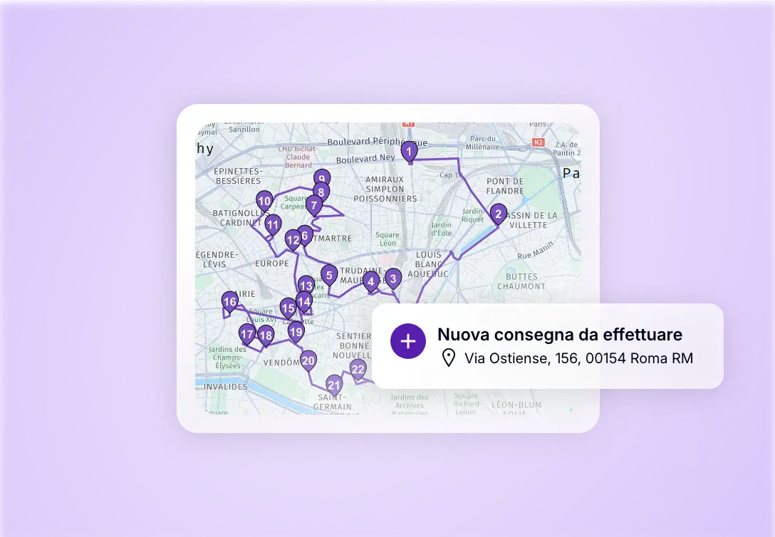 Mappa di un giro di consegna ottimizzato con aggiunta di una nuova tappa dall’app mobile